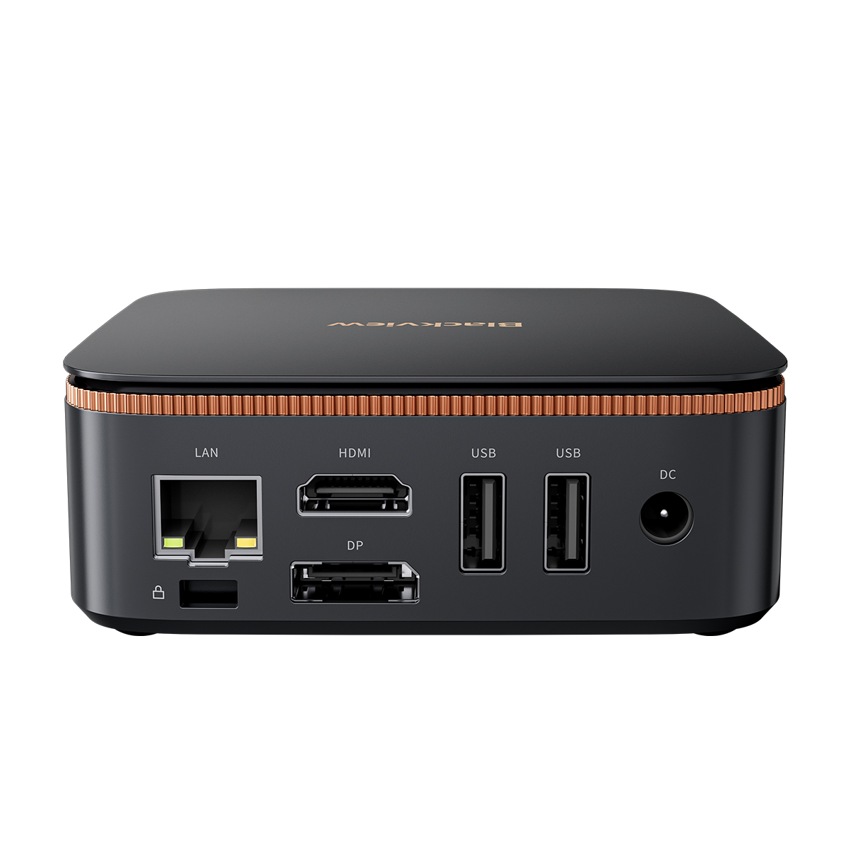 Black mini computer with ports like LAN, HDMI, USB, and DC. It is black with a copper-colored trim.