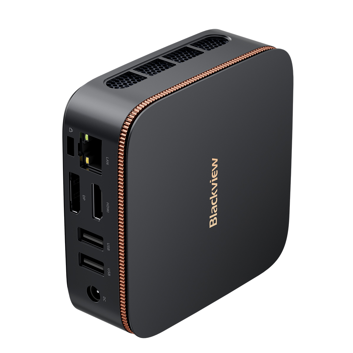 Un mini PC Blackview negro. Tiene adornos color cobre y varios puertos. La parte superior tiene ventilación. El logotipo de Blackview es visible.