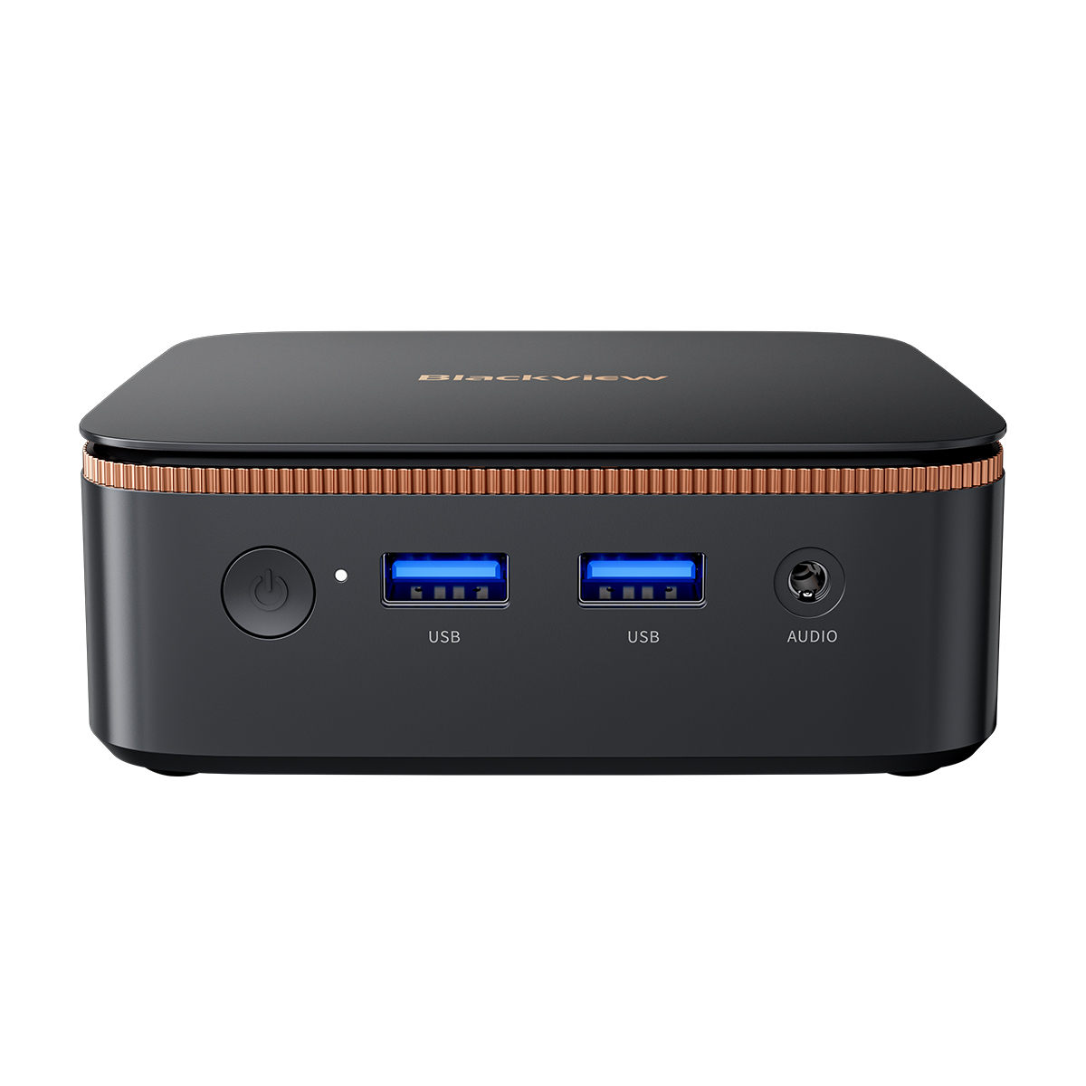 Un mini PC Blackview negro. Tiene puertos USB, conector de audio y botón de encendido. La parte superior tiene el logo Blackview.