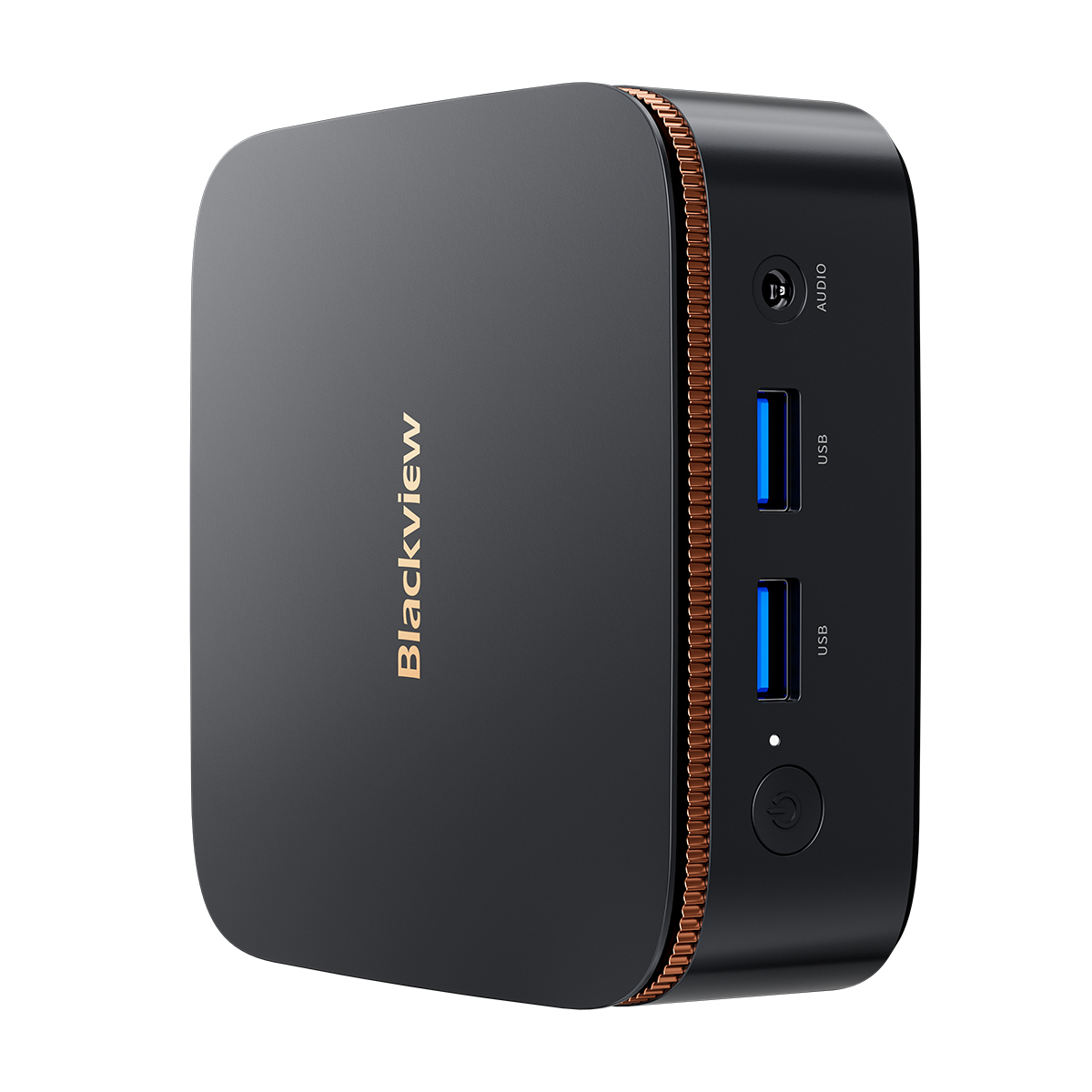 Dispositivo Blackview. Caja negra y cobriza con puertos USB, conector de audio y botón de encendido.