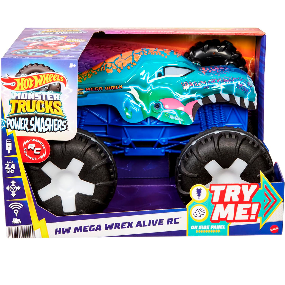 Un camión monstruo Mega Wrex de Hot Wheels en su caja. Es azul y verde azulado, con un diseño de dinosaurio. La caja dice "¡Pruébame!".