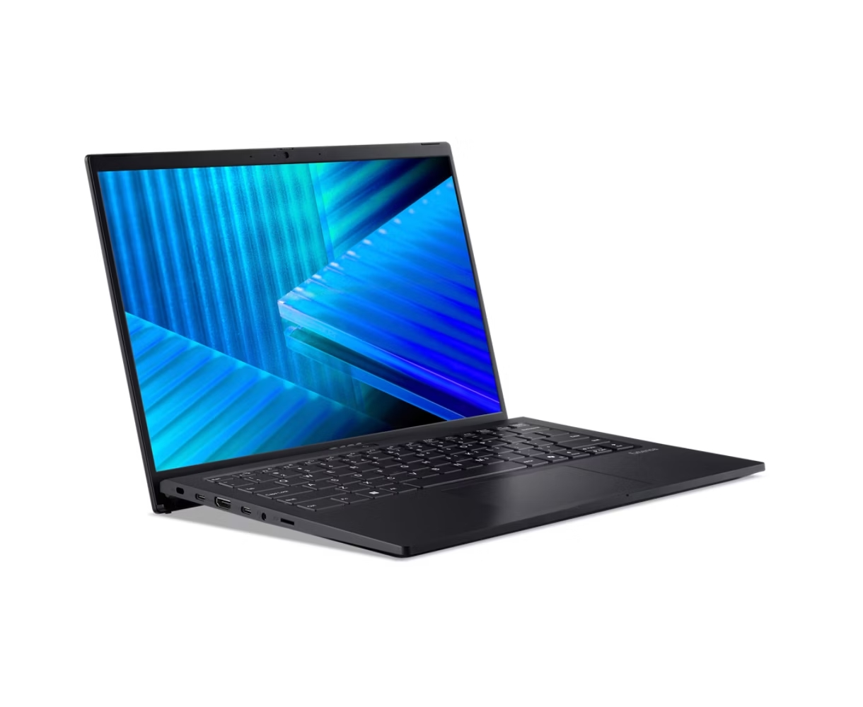 Un laptop nero è aperto, angolato. Lo schermo mostra linee astratte blu e verde acqua. La tastiera è visibile. Sfondo bianco.
