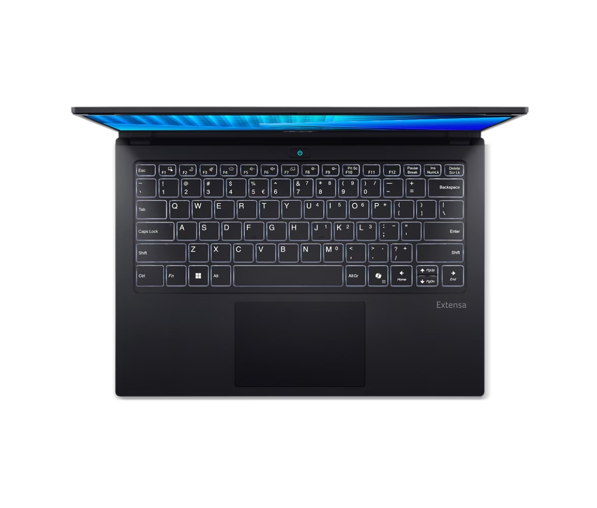 Un laptop nero visto dall'alto. La tastiera, con tasti retroilluminati bianchi, e lo schermo sono visibili.