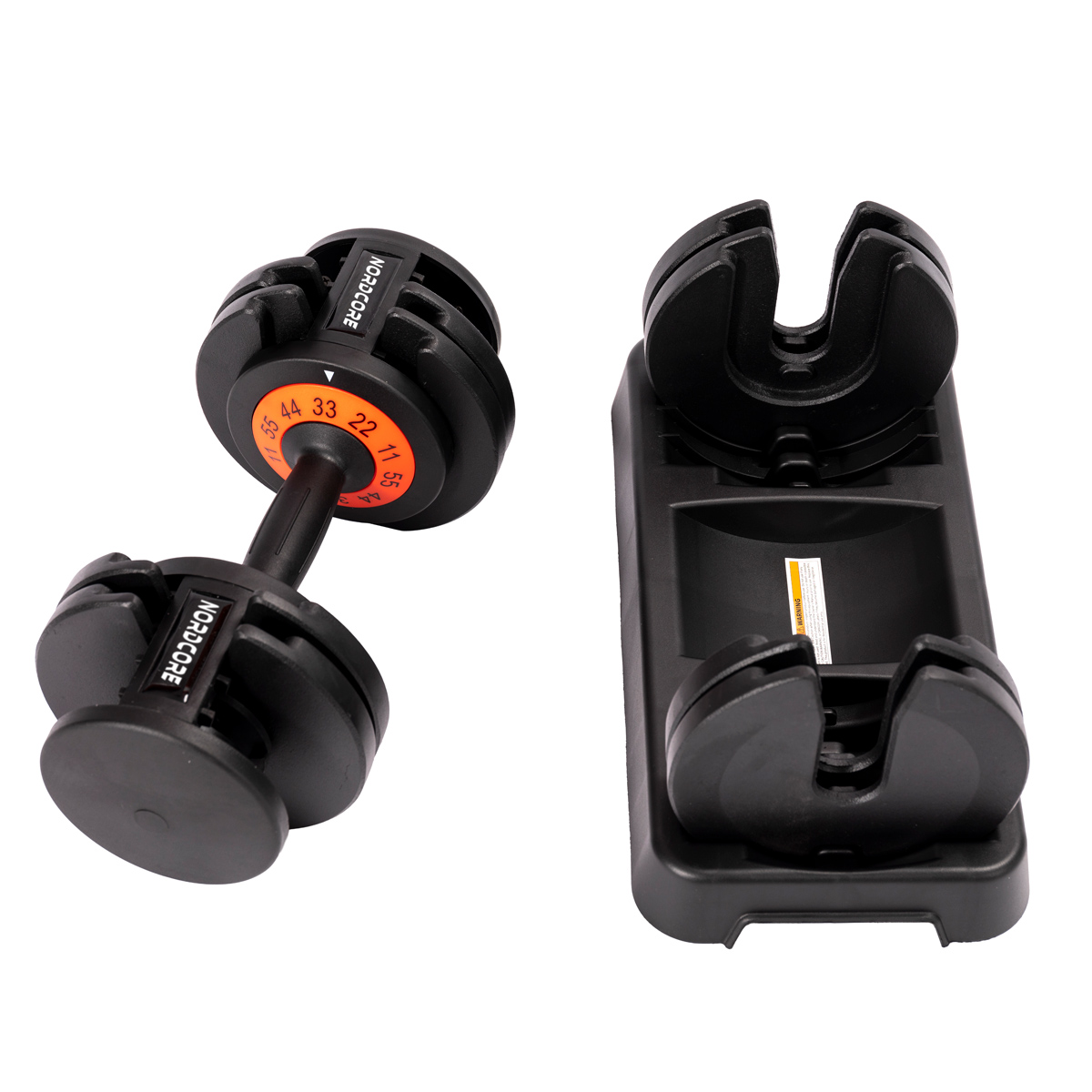 Verstellbare schwarze Kurzhantel mit Halterung. Die Hantel hat ein oranges Zifferblatt mit Gewichtsnummern. Auch die Halterung ist schwarz.