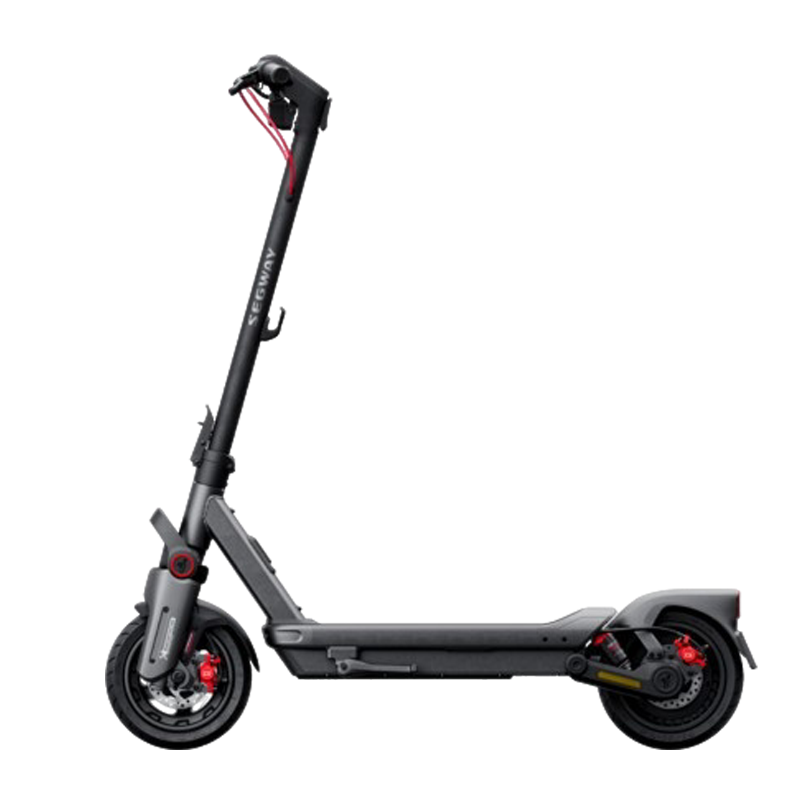 Czarny skuter elektryczny Segway. Czerwone akcenty na hamulcach i kierownicy. Skuter na białym tle.