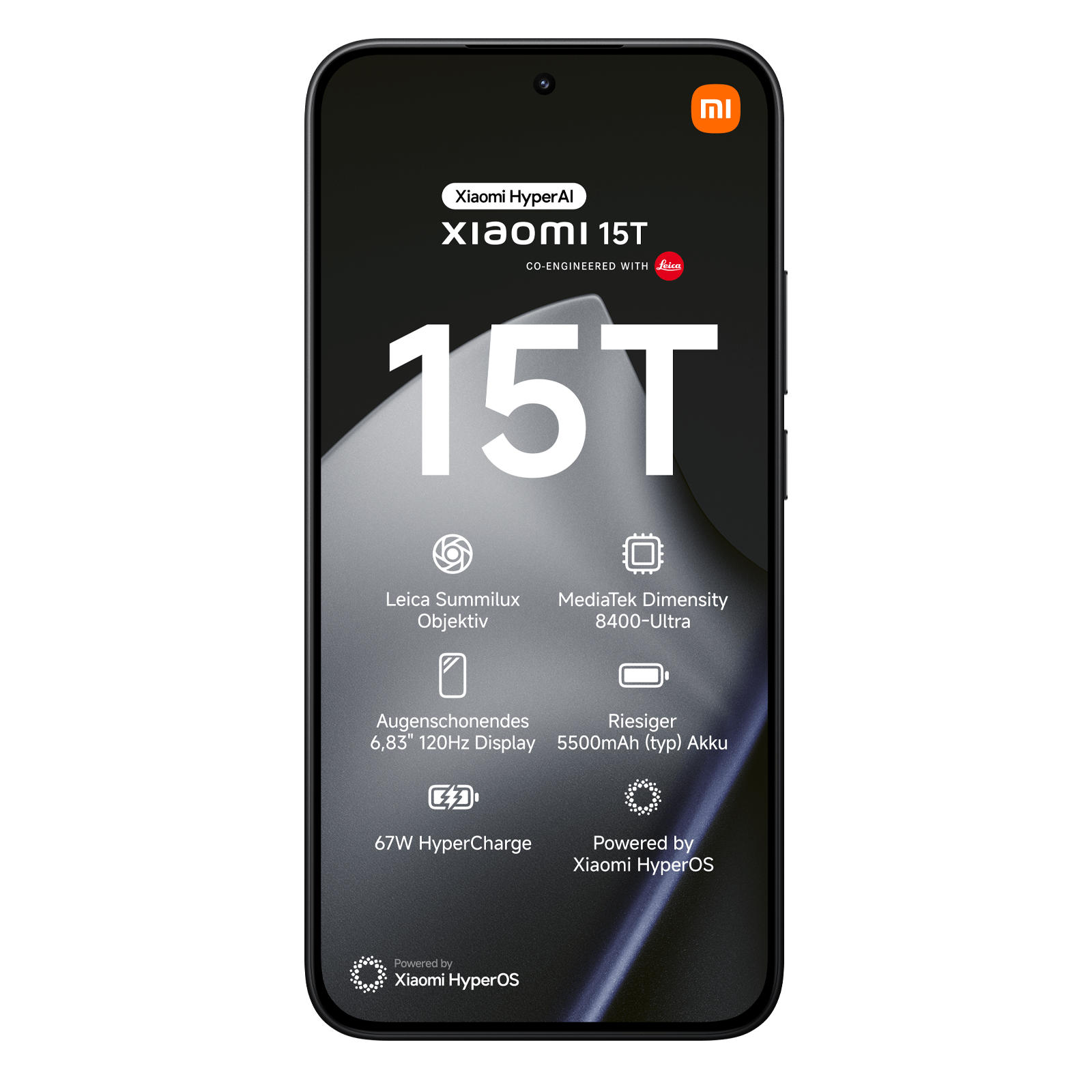 Ekran smartfona wyświetla Xiaomi 15T. Funkcje obejmują Leica Summilux, MediaTek Dimensity i wyświetlacz 6,83".