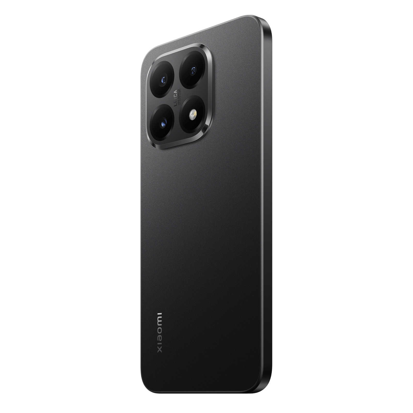 Czarny smartfon z czterema obiektywami i logo Leica. Logo Xiaomi wydrukowano pionowo.