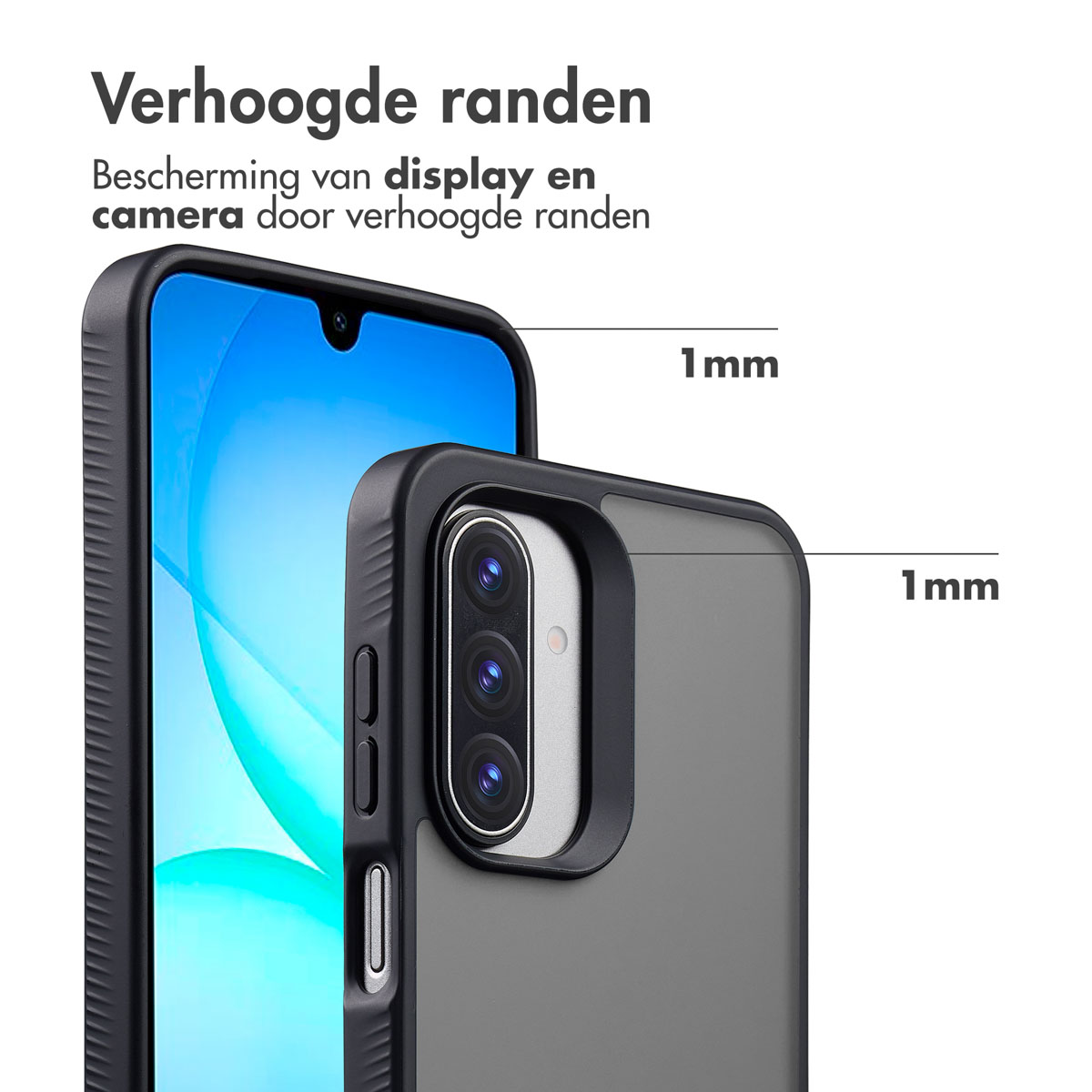 Close-up of a phone in a protective case. The case has raised edges around the screen and camera, measuring 1mm.