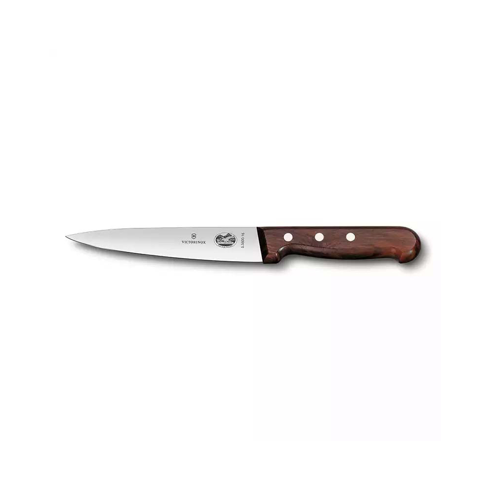 Gümüş renkli bir bıçağı ve üç beyaz perçini olan ahşap saplı bir Victorinox soyma bıçağı beyaz bir zemin üzerinde duruyor.