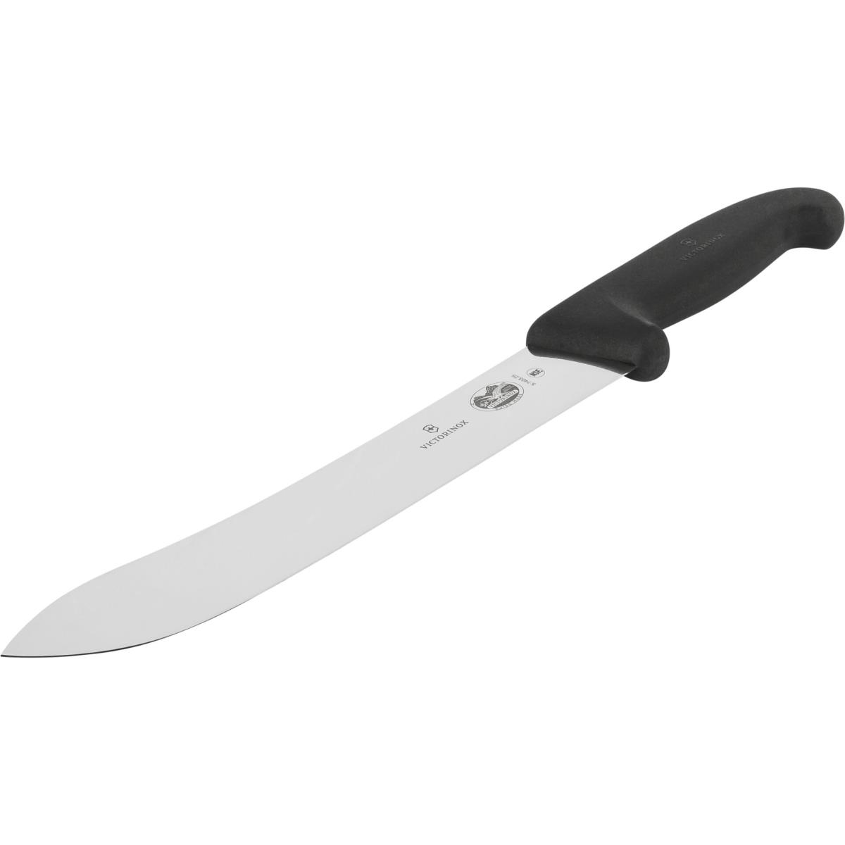 Siyah saplı ve gümüş renkli bıçağı olan büyük bir Victorinox bıçağı gösteriliyor. Bıçak açılı duruyor ve tam boyunu sergiliyor.