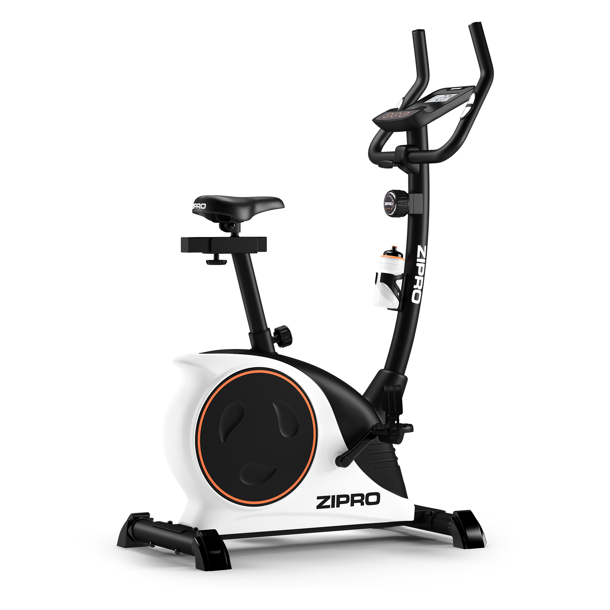Ein weißes und schwarzes Zipro-Trainingsfahrrad. Es hat ein digitales Display, einen Wasserflaschenhalter und einen verstellbaren Sitz.