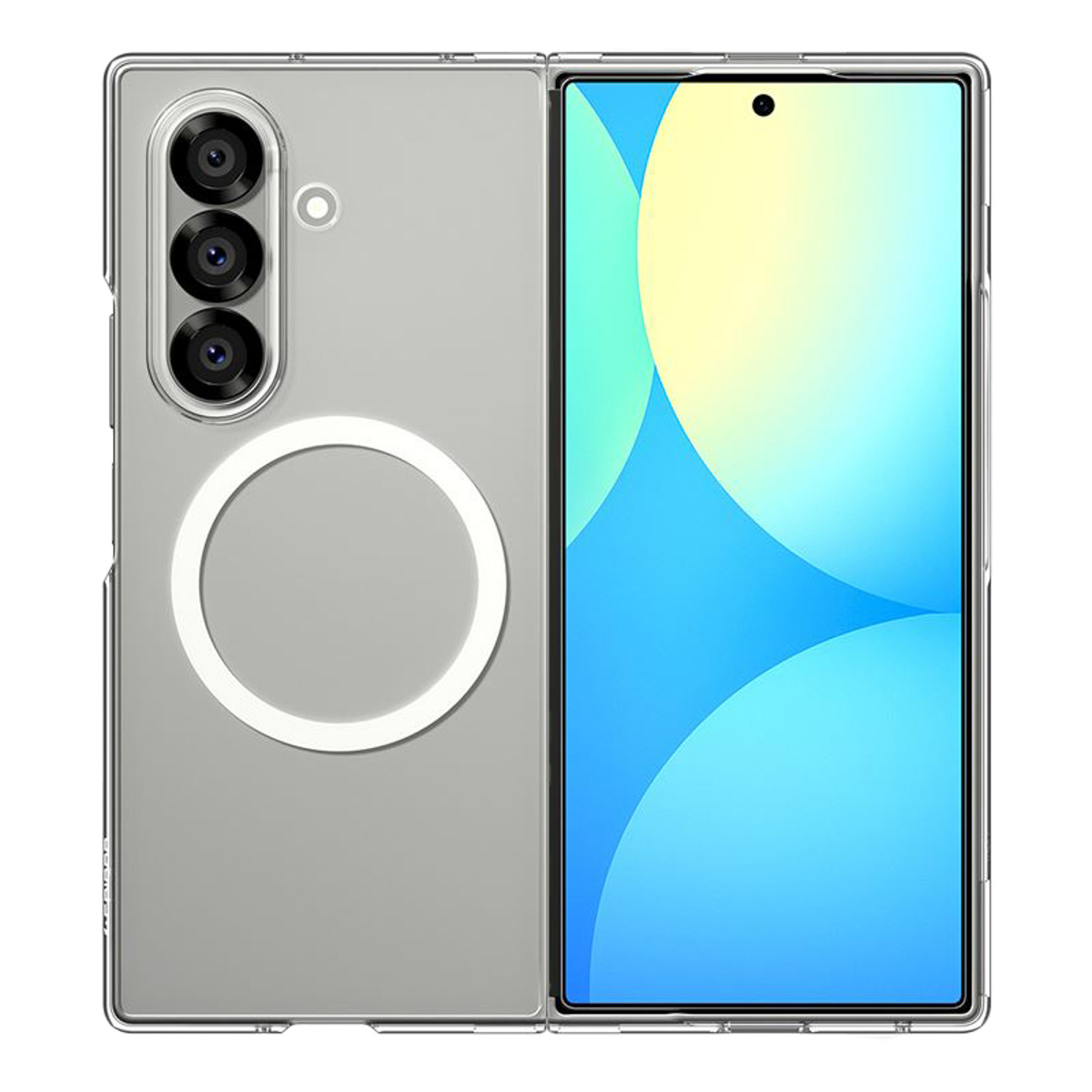 Una custodia trasparente per telefono con un telefono all'interno. Il telefono è piegato, mostrando lo schermo con colori blu e giallo.