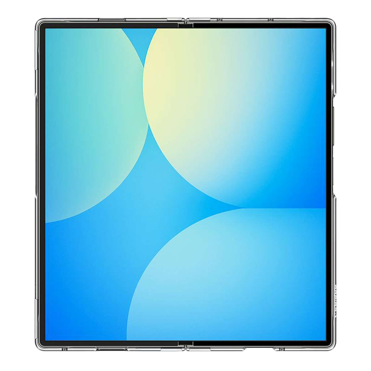 Un tablet con sfondo sfumato blu e giallo, circondato da una cornice trasparente.