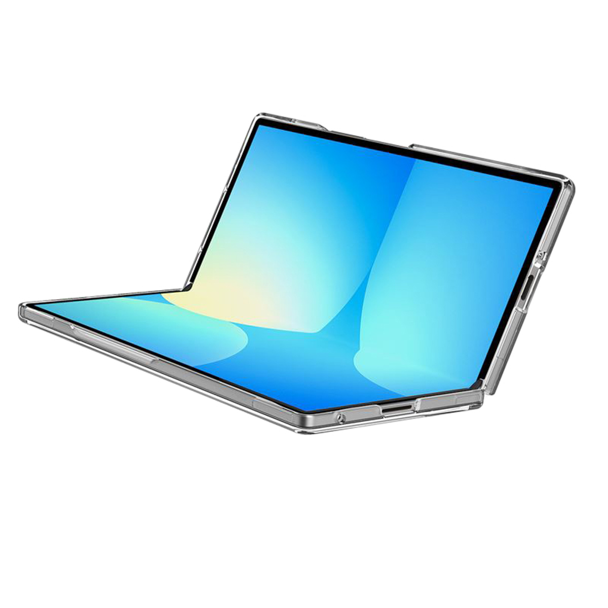 Un tablet pieghevole con cornice trasparente è parzialmente aperto. Lo schermo mostra una sfumatura blu e bianca.