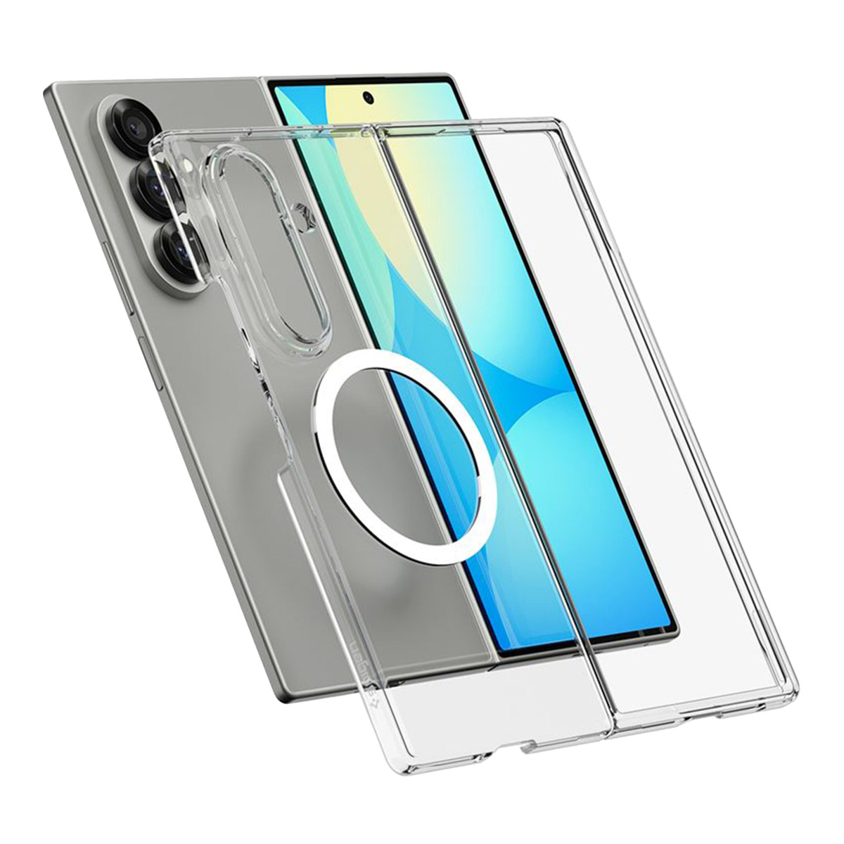 Uno smartphone con custodia trasparente. Il telefono è argentato con schermo blu. La custodia ha un magnete circolare bianco.