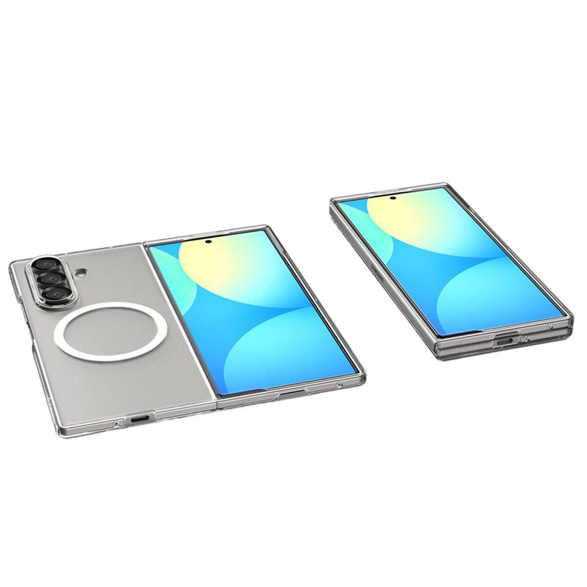 Tre smartphone con custodie trasparenti. Uno è aperto, mostrando uno schermo blu e giallo. Gli altri sono chiusi.