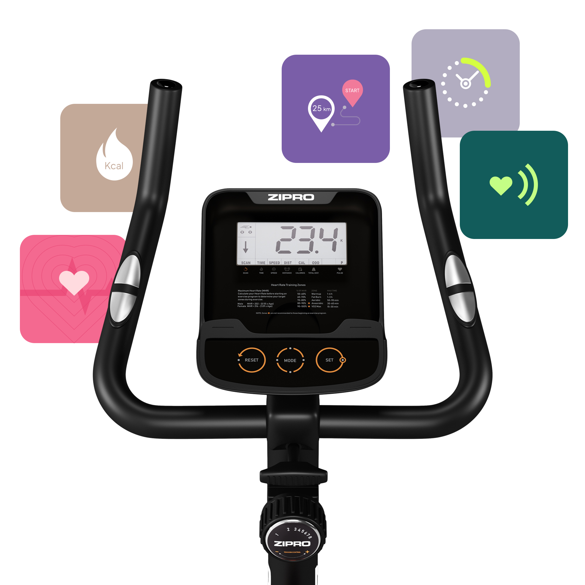 Heimtrainer mit Display, das Statistiken wie Zeit und Distanz anzeigt. Symbole für Herzfrequenz und Kalorien sind ebenfalls sichtbar.