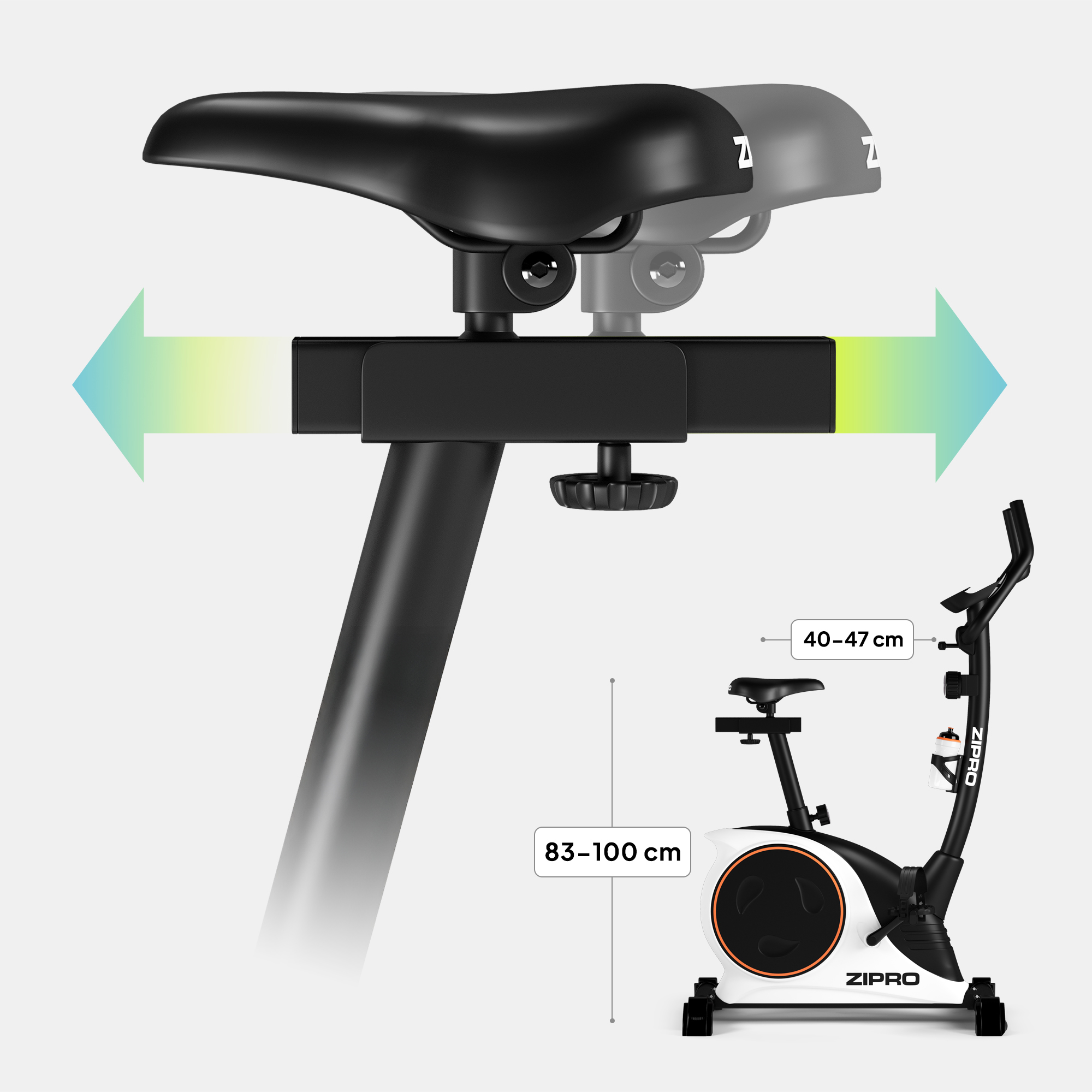 Ein Trainingsfahrrad mit schwarzem Sitz. Pfeile zeigen die Sitzeinstellung. Das Fahrrad ist schwarz und weiß, mit Zipro-Logo.