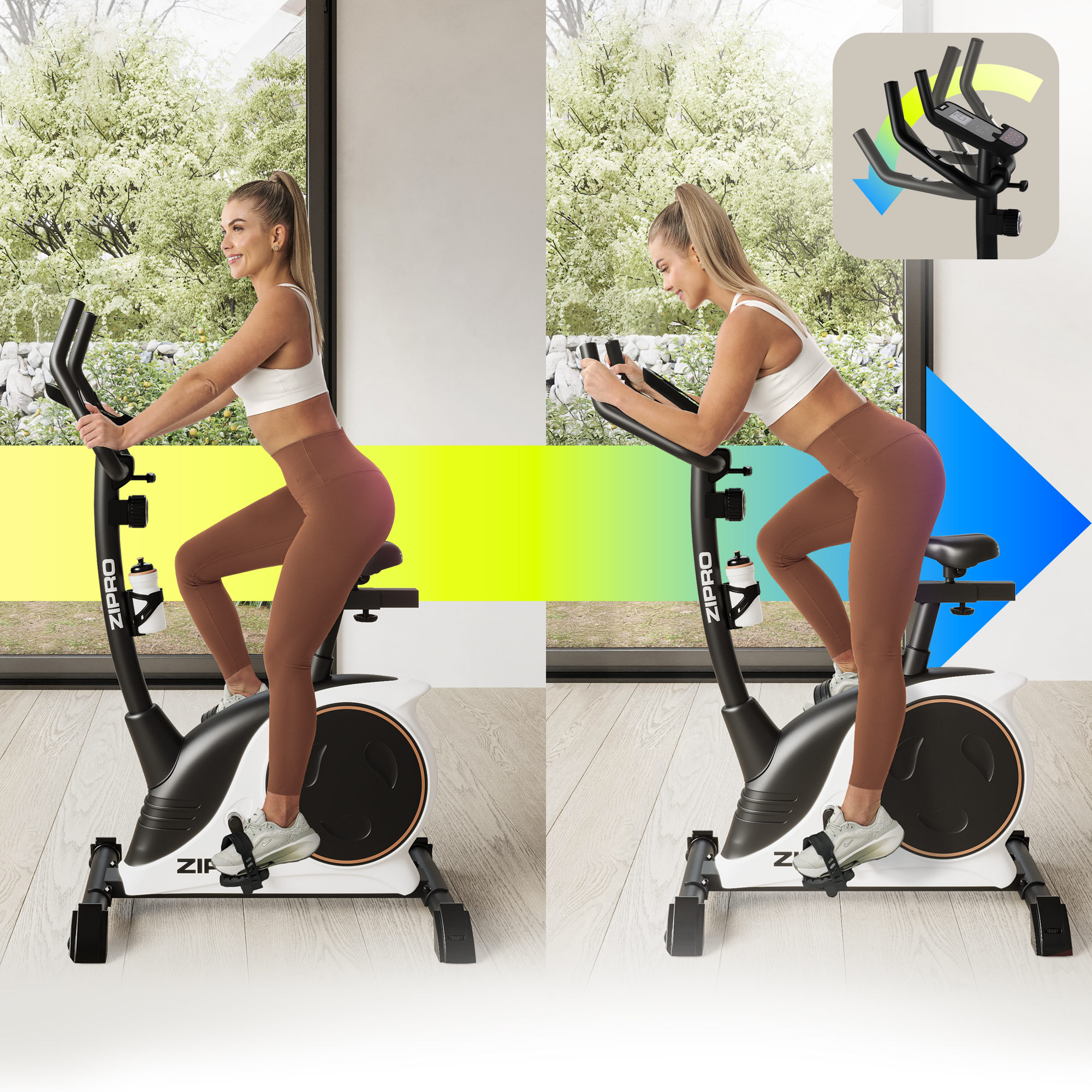 Zwei Frauen auf Trainingsrädern. Das Fahrrad hat eine Wasserflasche und einen Bildschirm. Draußen gibt es Bäume.