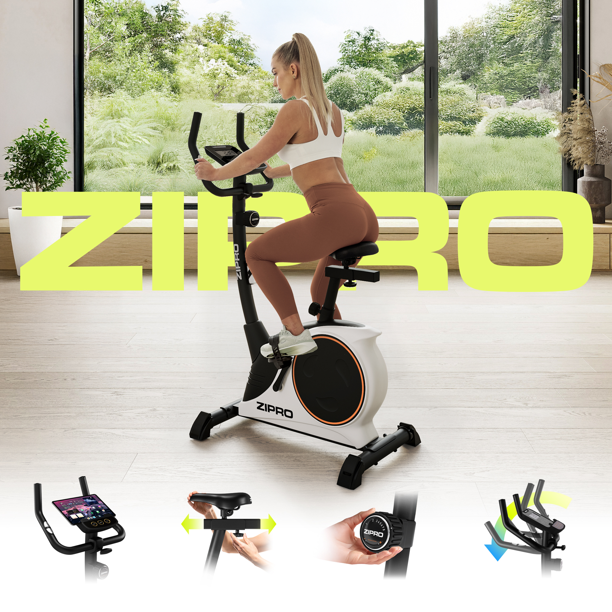 Frau auf dem Heimtrainer. Das Fahrrad ist weiß mit schwarzen Akzenten. Der Hintergrund ist ein großes Fenster mit grünem Laub.