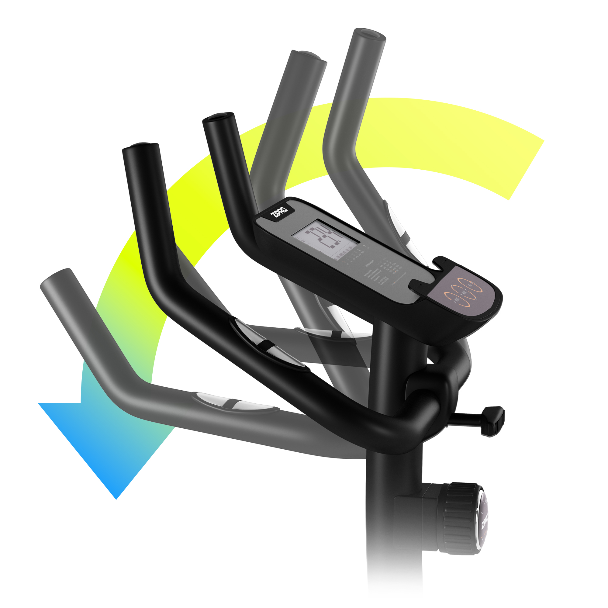 An exercise bike with a display and handles. It has a yellow and blue arrow shape around it.