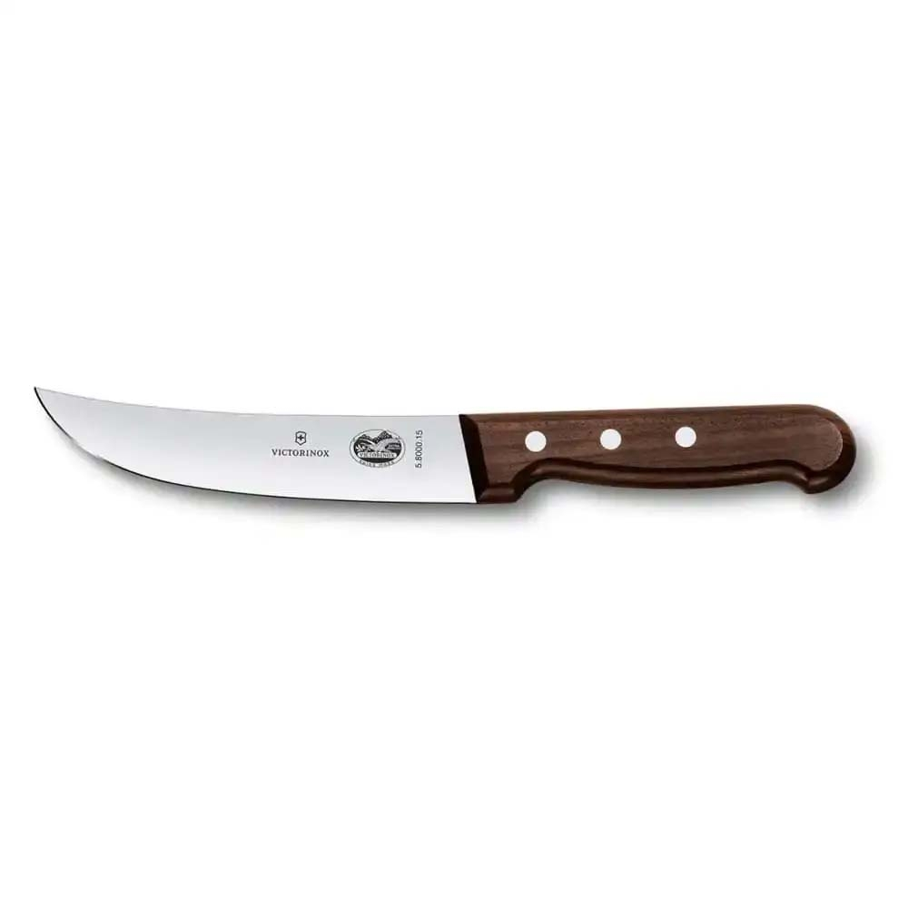 Yatay konumda bir Victorinox biftek bıçağı. Kavisli bir bıçağa, üç perçinli ahşap sapa sahip.