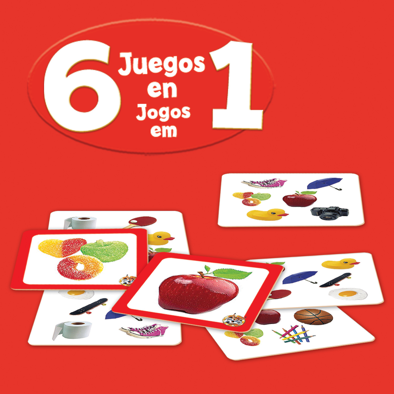 Fondo rojo con texto blanco "6 en 1". Se ven cartas con imágenes de una manzana, caramelos, una cámara y otros objetos.