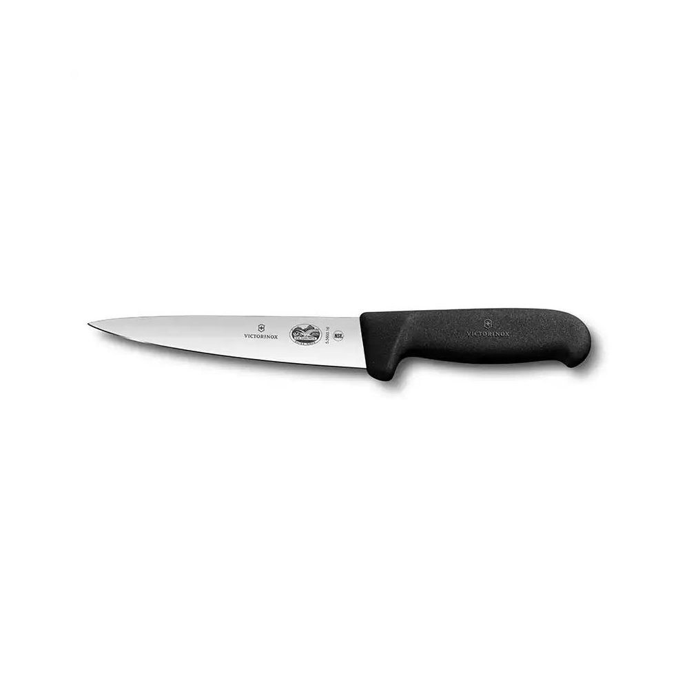 Beyaz bir arka plan üzerinde bir Victorinox bıçağı. Gümüş bir bıçağı ve siyah bir sapı vardır. Bıçak ortalanmış ve açılıdır.