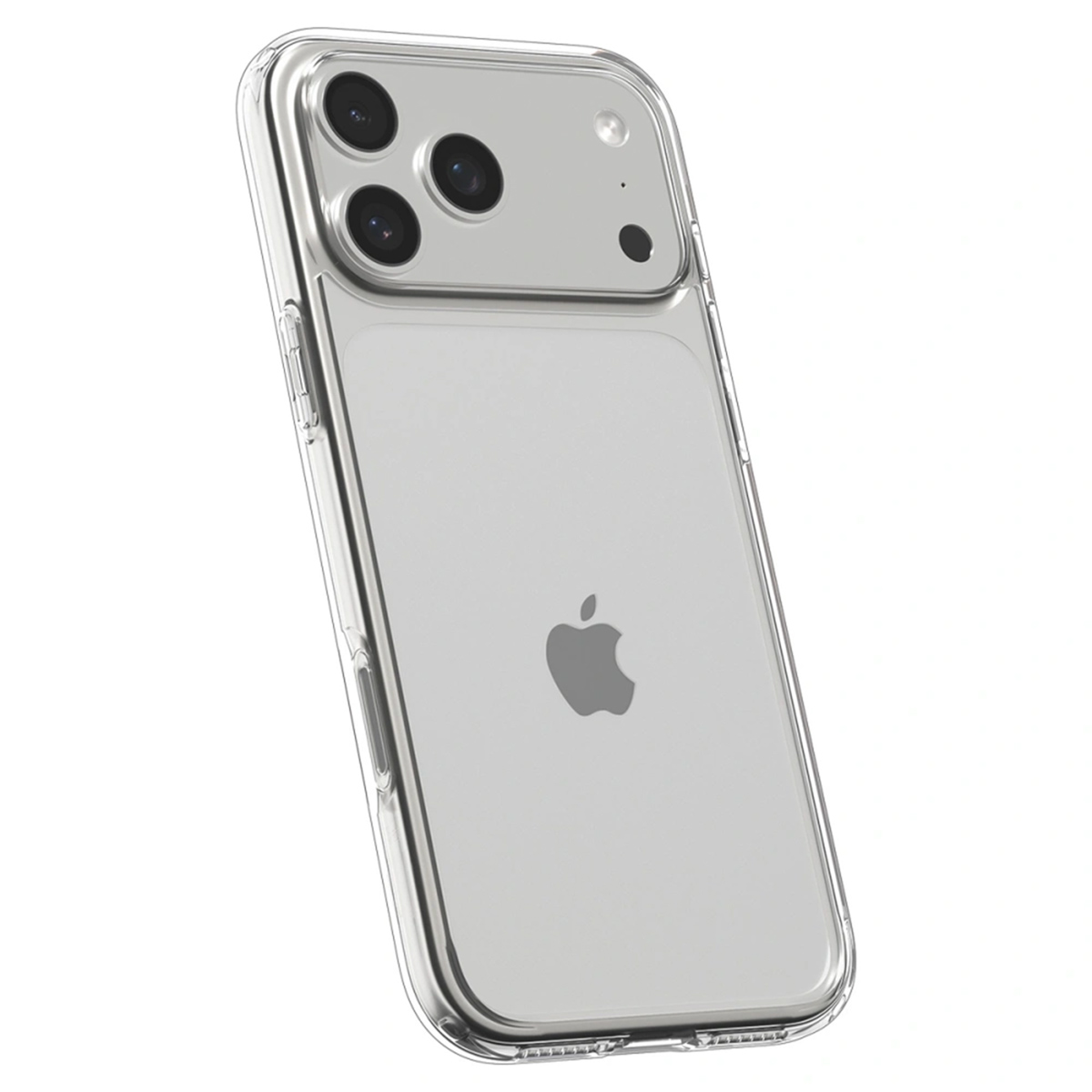 Une coque transparente protège un iPhone. Le téléphone possède trois objectifs et un logo Apple. Le fond est blanc.