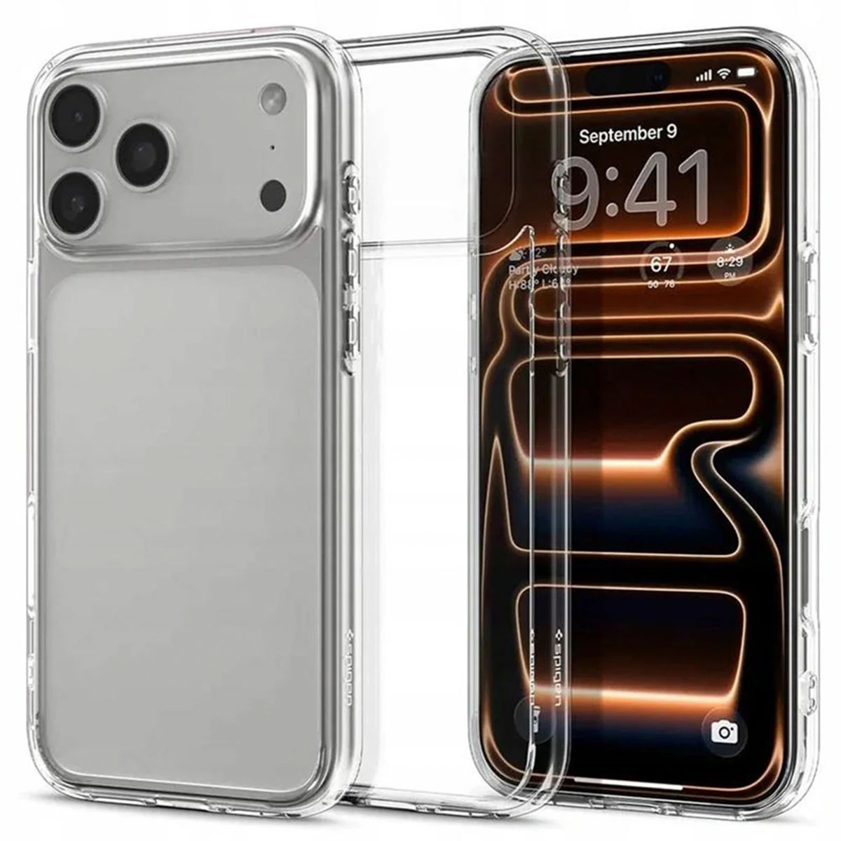 Une coque de téléphone transparente à côté d'un iPhone. Le téléphone affiche la date du 9 septembre et l'heure 9:41. La coque est de Spigen.