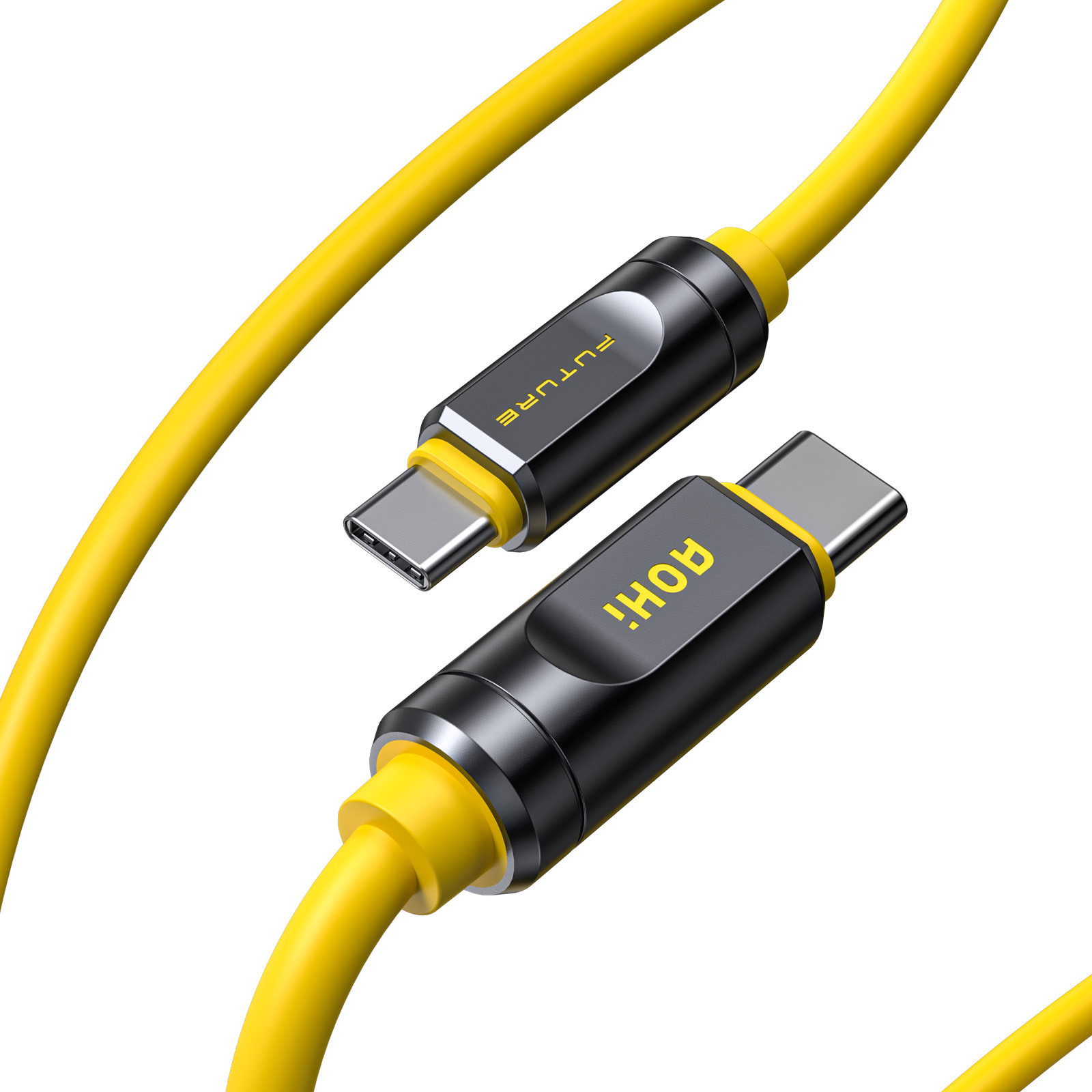Sarı USB-C kabloları, sarı detaylı siyah konektörler. Bir konektörde FUTURE, diğerinde !AOH yazıyor.