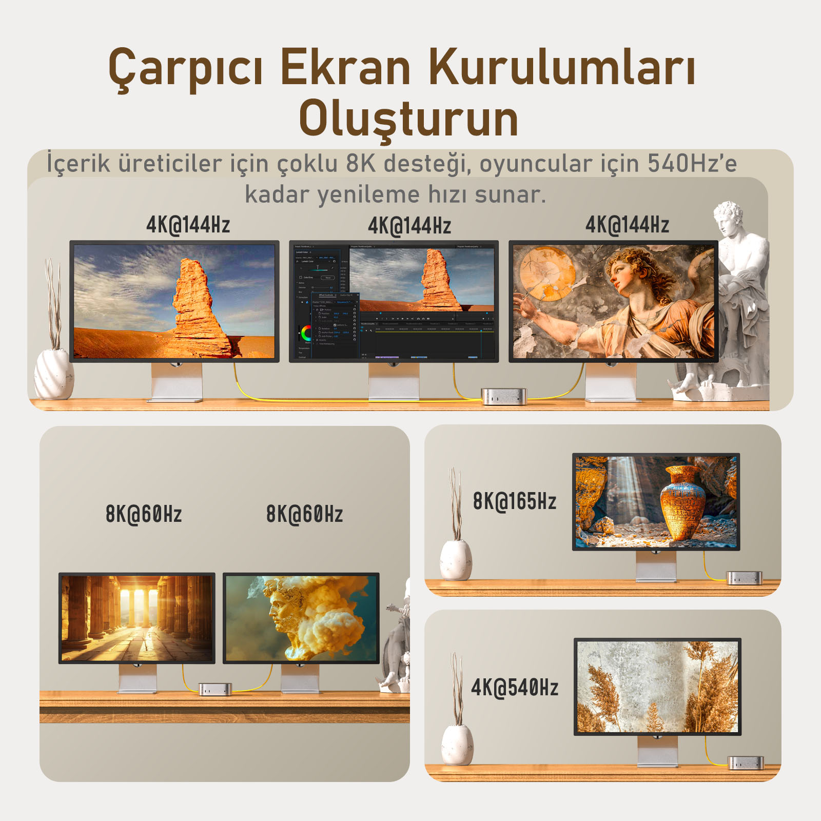 Görsel, 4K ve 8K çözünürlükler dahil olmak üzere farklı ekran özelliklerine sahip birden fazla bilgisayar monitörünü gösteriyor.