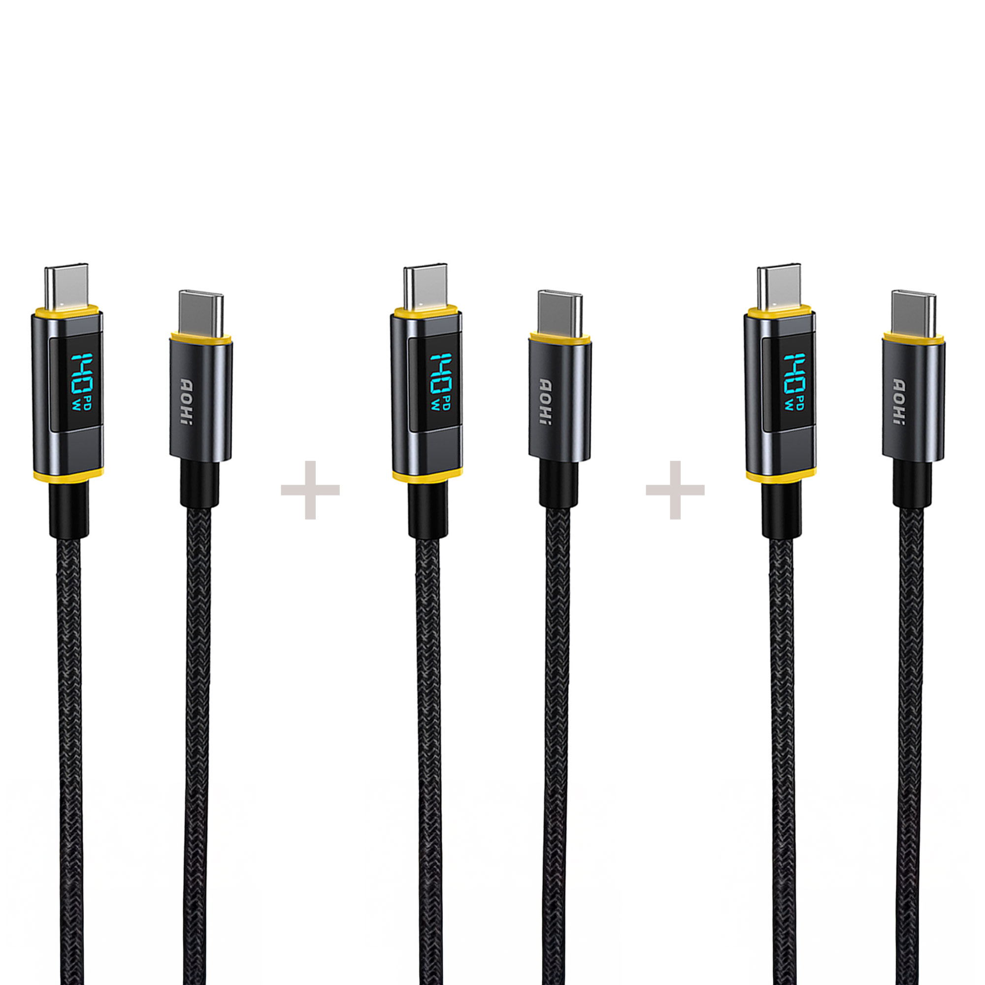 Altı siyah USB-C kablosu, bazılarında '140W PD' gösteren ekranlar var. Kabloların sarı detayları, beyaz zemin.
