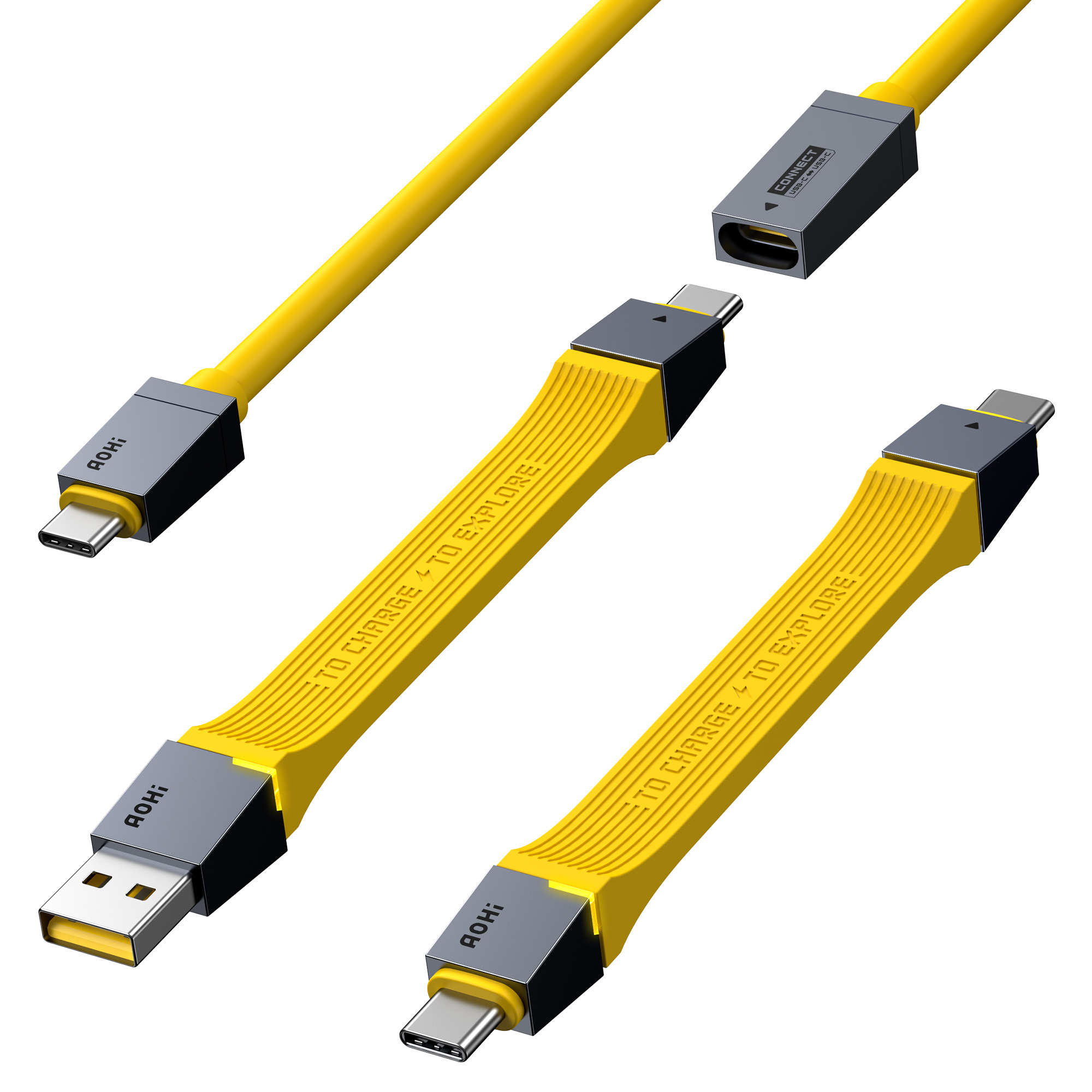 Sarı USB-C kabloları, konektörler ve bir USB portu gösteriliyor. Kabloların üzerinde "TO CHARGE TO EXPLORE" yazısı var.