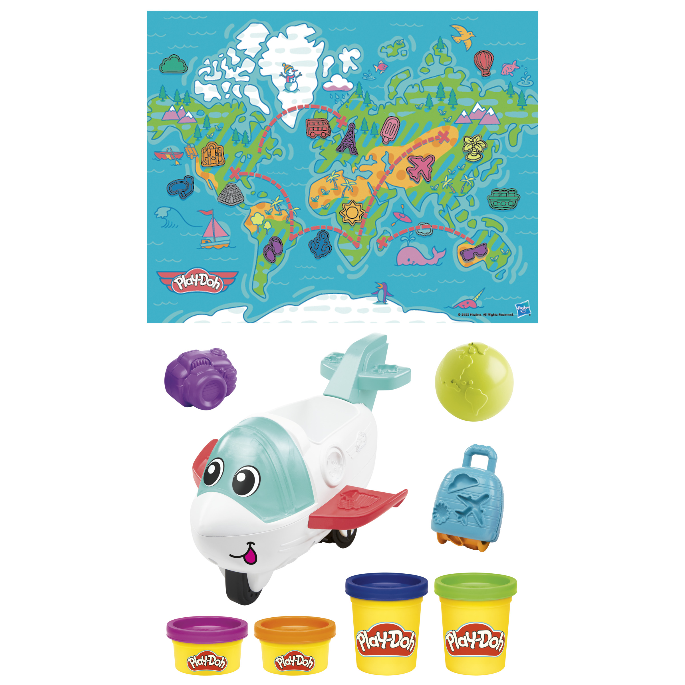 Un juego Play-Doh con mapa mundial, avión de juguete, globo terráqueo, cámara, maleta y botes de Play-Doh.