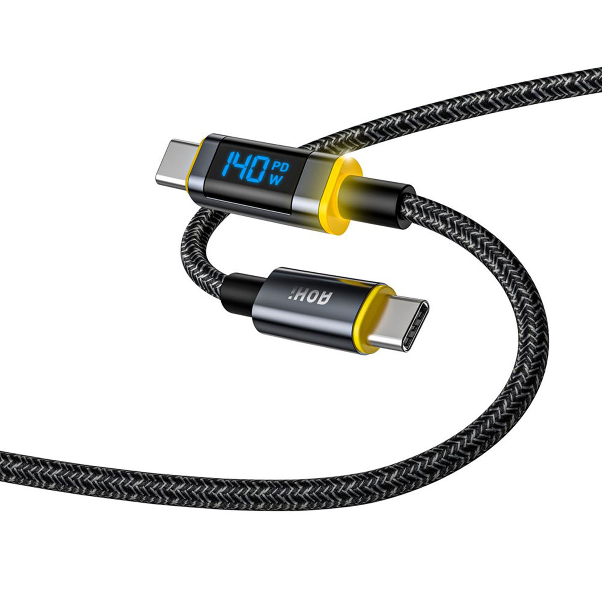 140W gösteren ekranlı USB-C kablosu. Kablo siyah ve gri, sarı detaylı. Marka adı görünür.