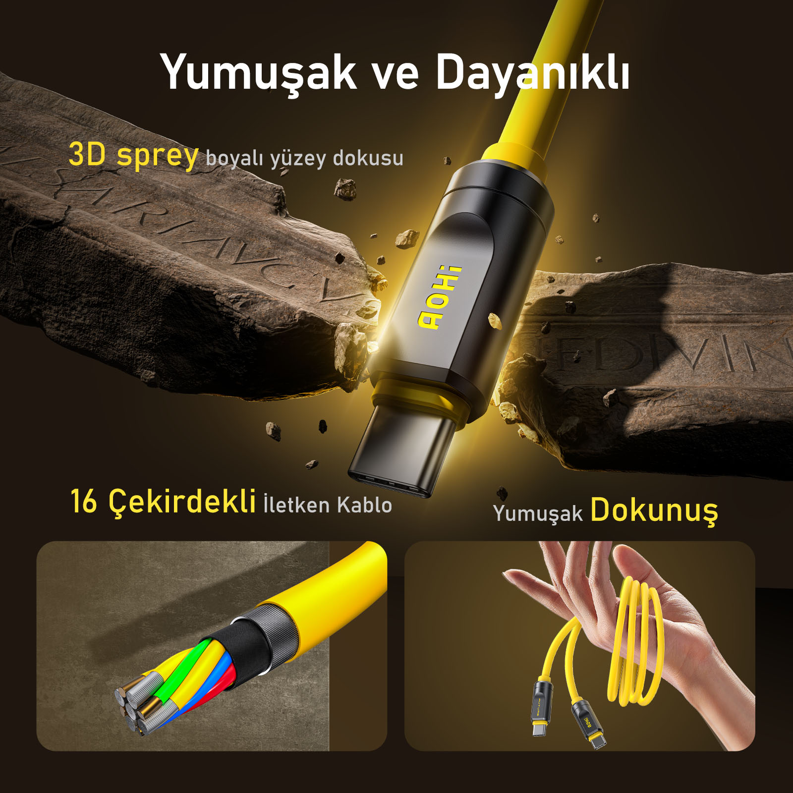 Görüntü sarı ve siyah bir kablo gösteriyor. 16 çekirdekli iletkenler ve yumuşak dokunuş gibi özellikleri vurgular.