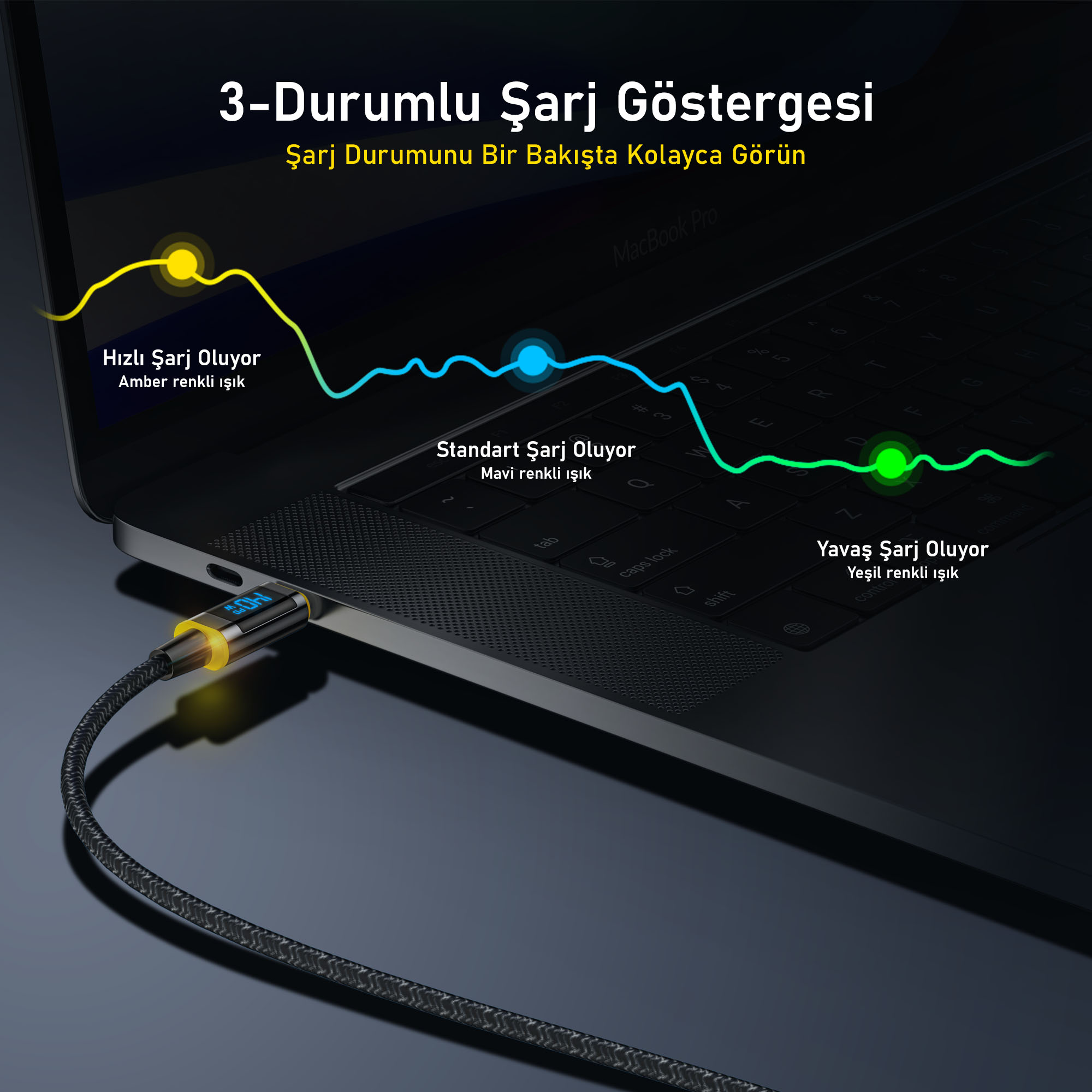 Şarj kablosu olan dizüstü bilgisayar. Grafik, kehribar, mavi ve yeşil ışıklarla şarj durumunu gösterir.