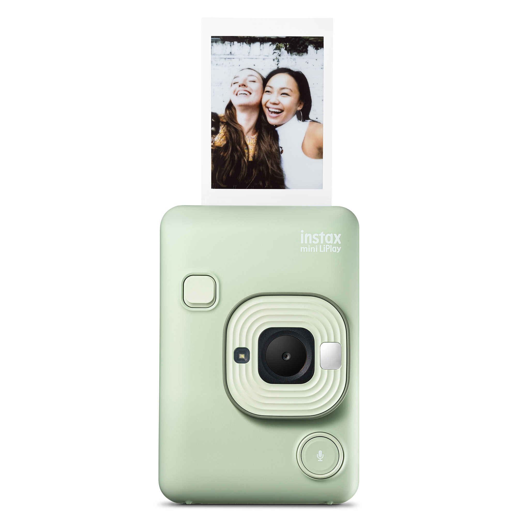 Yeşil Instax Mini LiPlay kamera, iki gülen kadının fotoğrafıyla. Fotoğraf kameranın üzerinde.