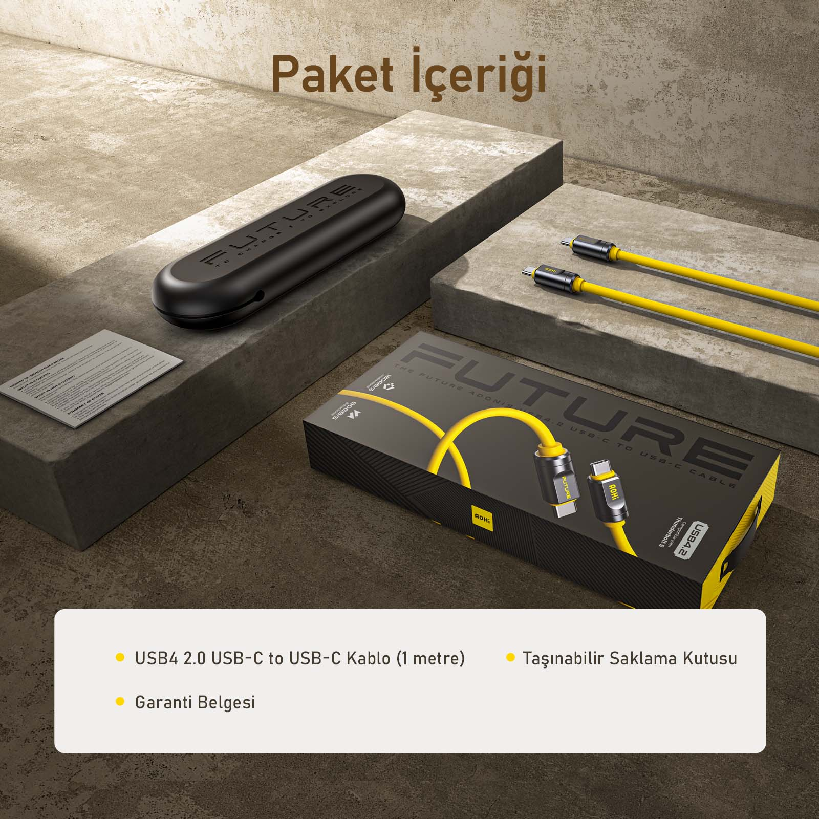 Görüntüde siyah bir kılıf, kablolar ve bir kutu görülüyor. Metin, 'USB4 2.0 USB-C - USB-C Kablosu' ve 'Taşınabilir Saklama Kutusu' diyor.