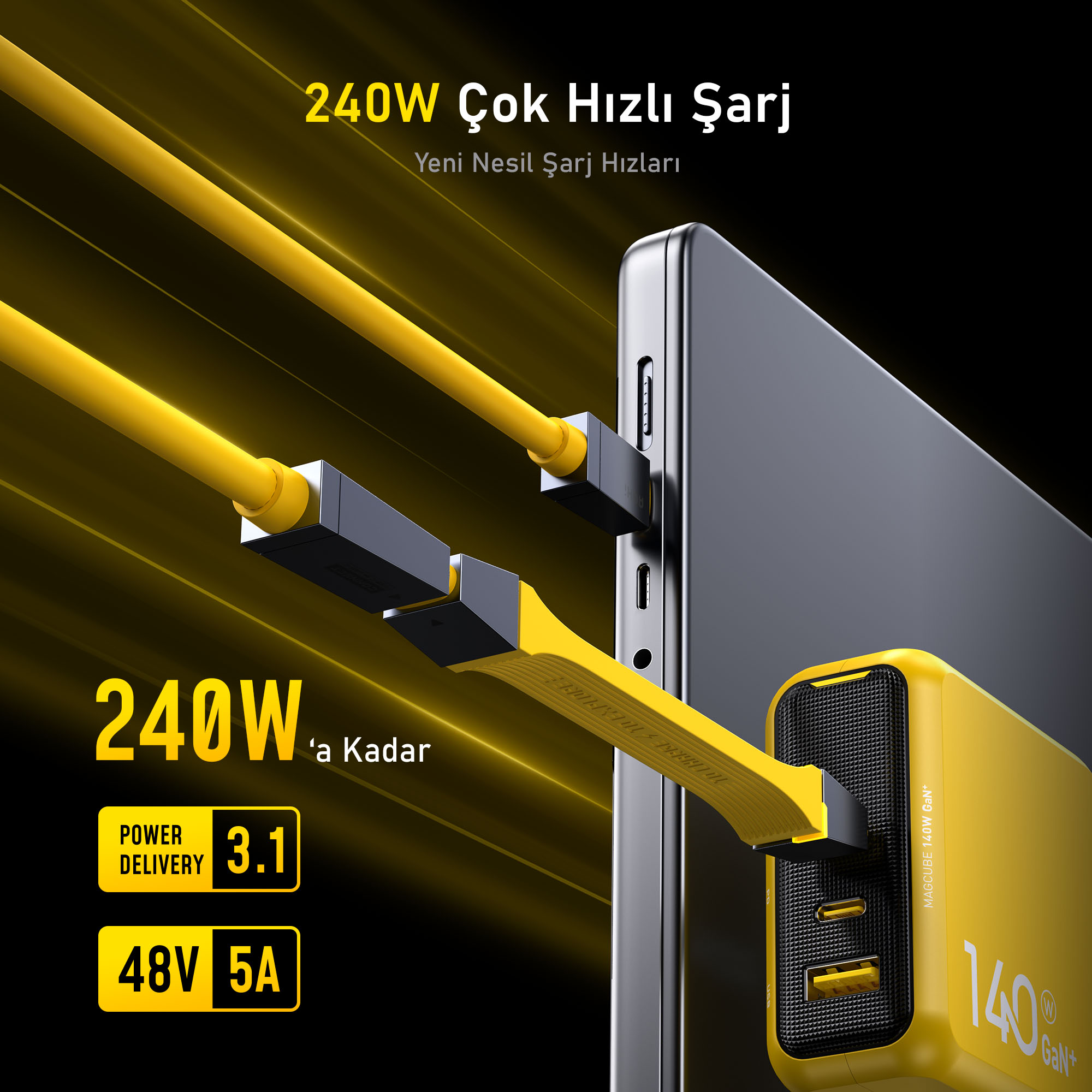Görselde bir telefona bağlı sarı bir şarj cihazı var. Metin, 240W hızlı şarjı vurguluyor.
