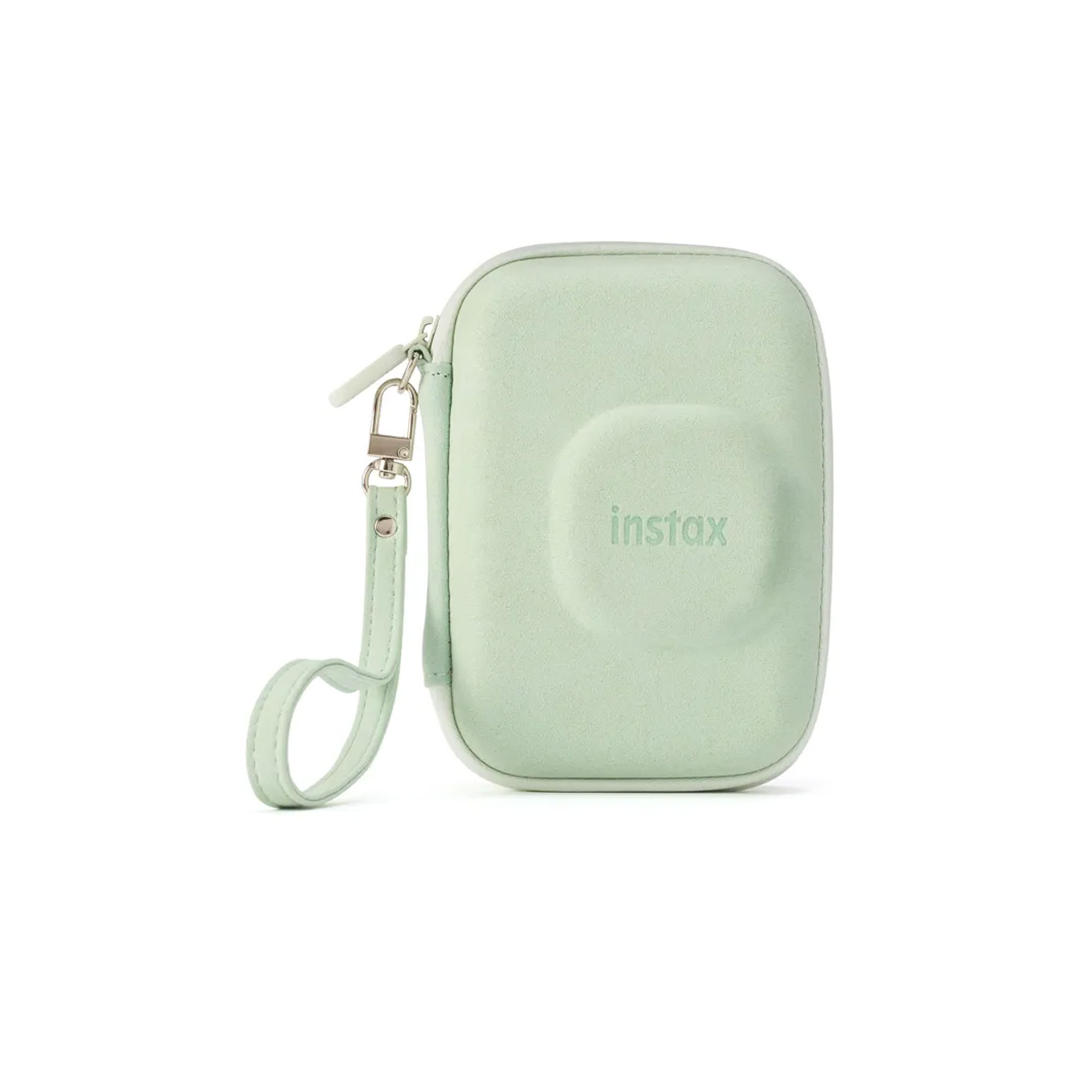 Beyaz bir arka plan üzerinde, bilek kayışlı, nane yeşili bir instax kamera kılıfı gösteriliyor.