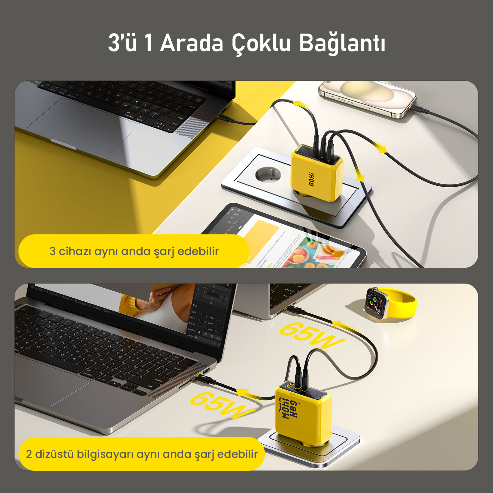 Çoklu kablolu sarı bir şarj cihazı, şarj etmek için bir dizüstü bilgisayara, tablete, telefona ve saate bağlanır.