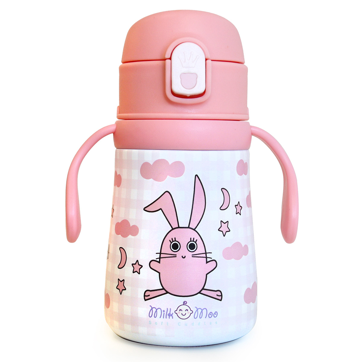 Pembe bebek biberonu, tavşan tasarımı, bulutlar ve yıldızlarla. İki kulpu ve katlanır kapağı var. Marka Milk & Moo.