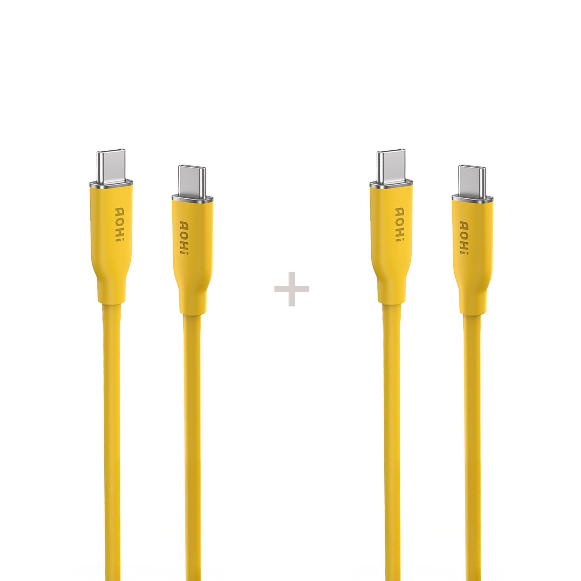 Görüntü, her iki tarafta ikişer tane olmak üzere dört sarı USB-C kablosu, ortada bir artı işareti ve beyaz bir arka plan gösteriyor.