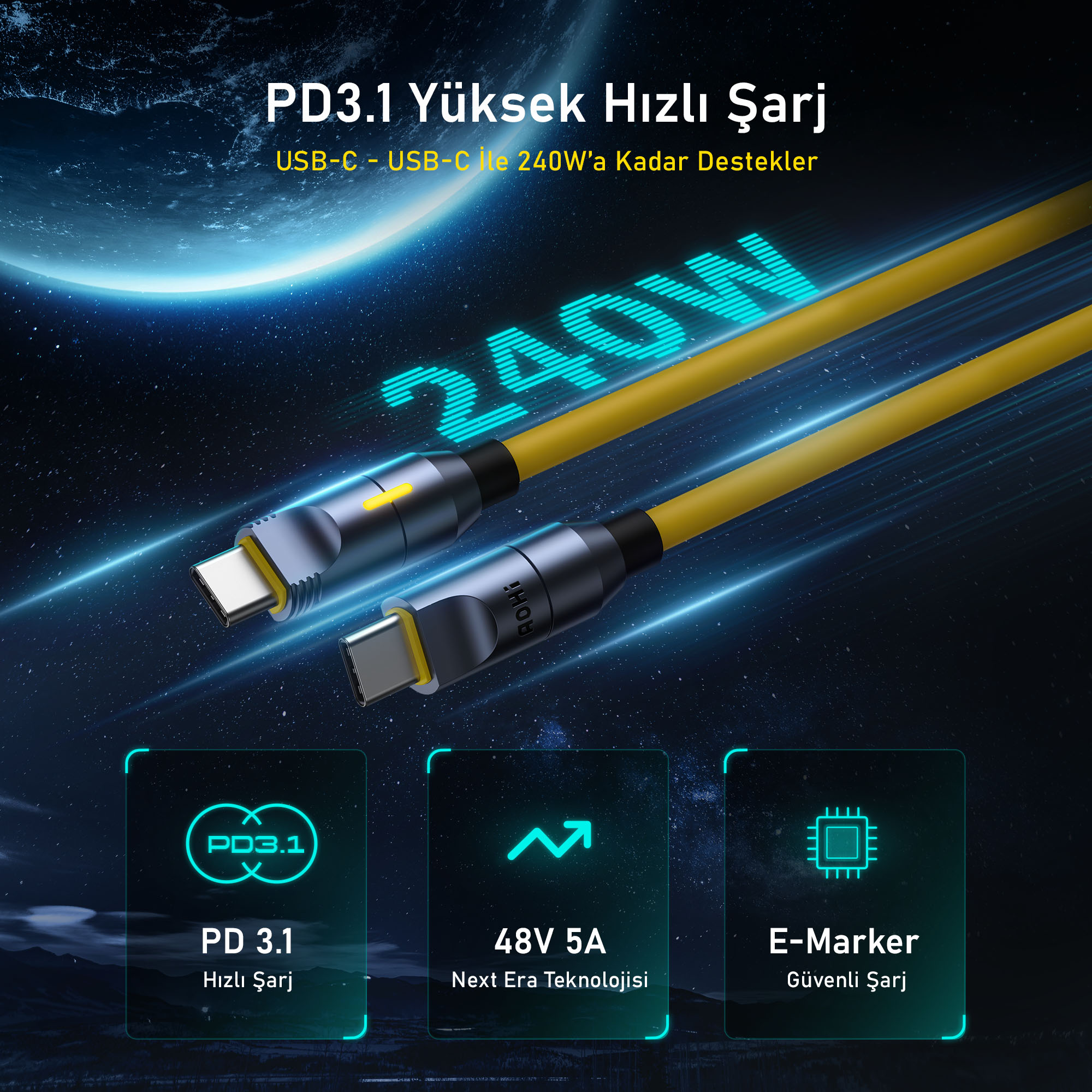 Görüntü, 240W'a kadar PD 3.1 hızlı şarjı gösteren metin içeren bir şarj kablosunu gösteriyor. Özellikler arasında 48V 5A ve E-Marker bulunur.