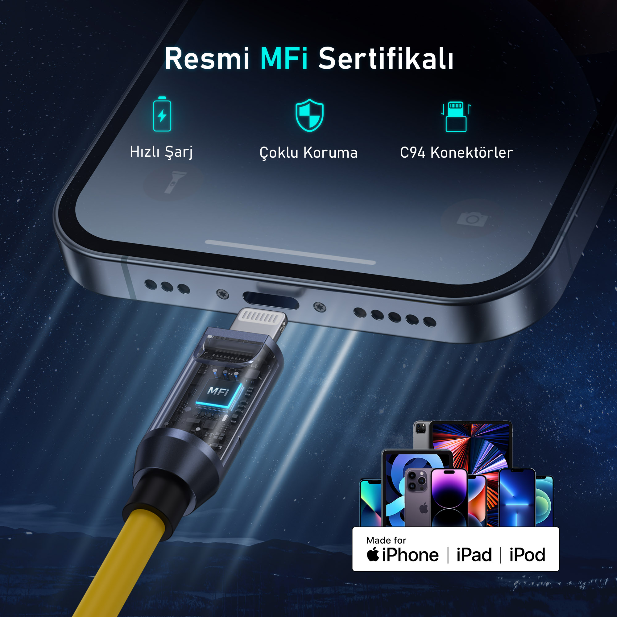 Görüntü, bir telefona bağlı bir telefon şarj kablosunu gösterir. Özellikler arasında hızlı şarj ve çoklu koruma bulunur.