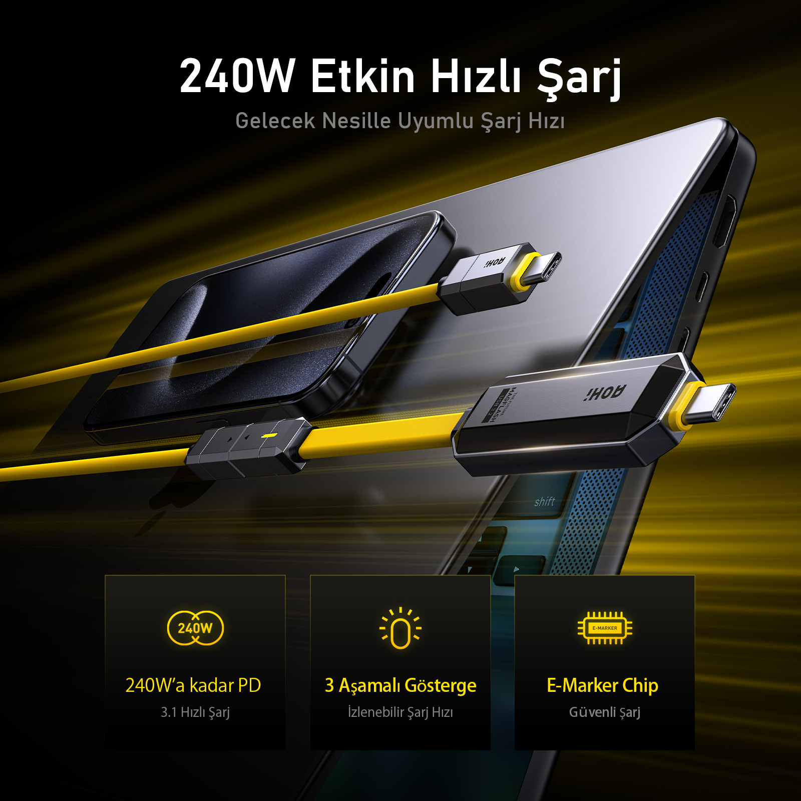 Görüntü, sarı bir kabloyla şarj olan siyah bir telefonu gösteriyor. Metin, 240W hızlı şarjı açıklıyor.