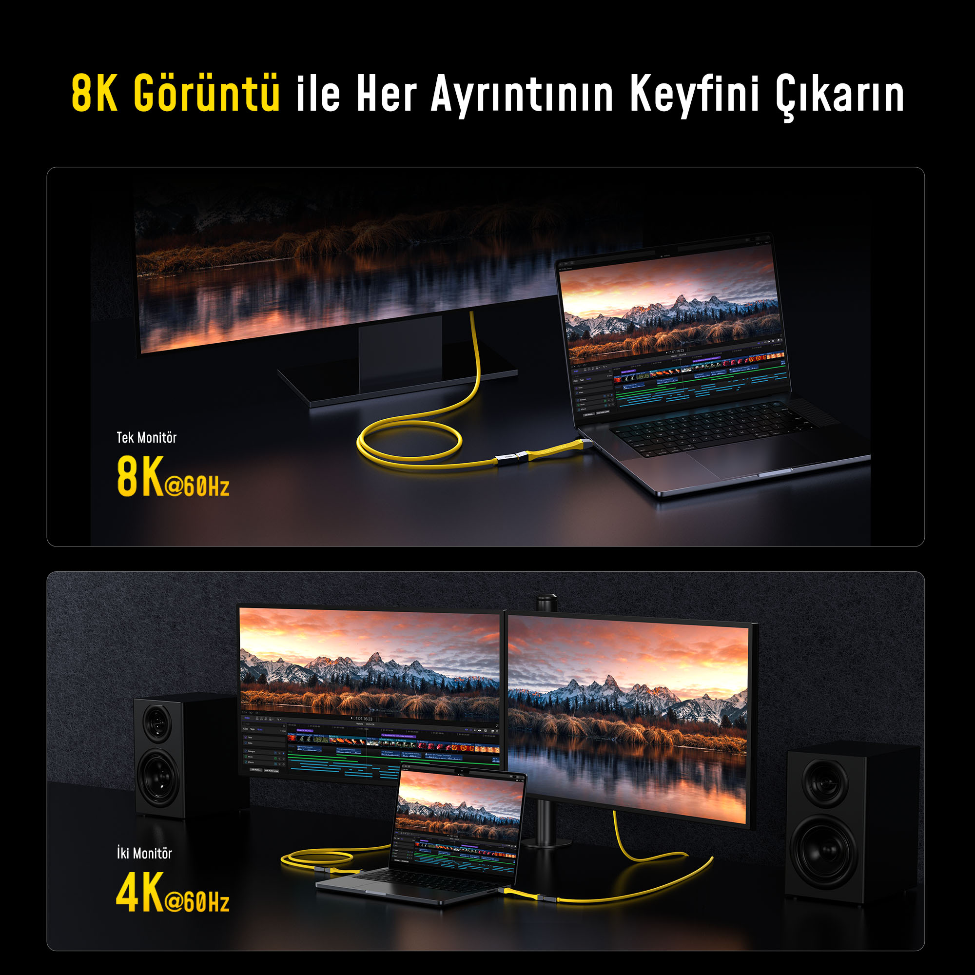 Bir dizüstü bilgisayar, sarı bir kabloyla bir monitöre bağlanır. Ekranlar video düzenleme yazılımını gösterir. Hoparlörler yanlardadır.