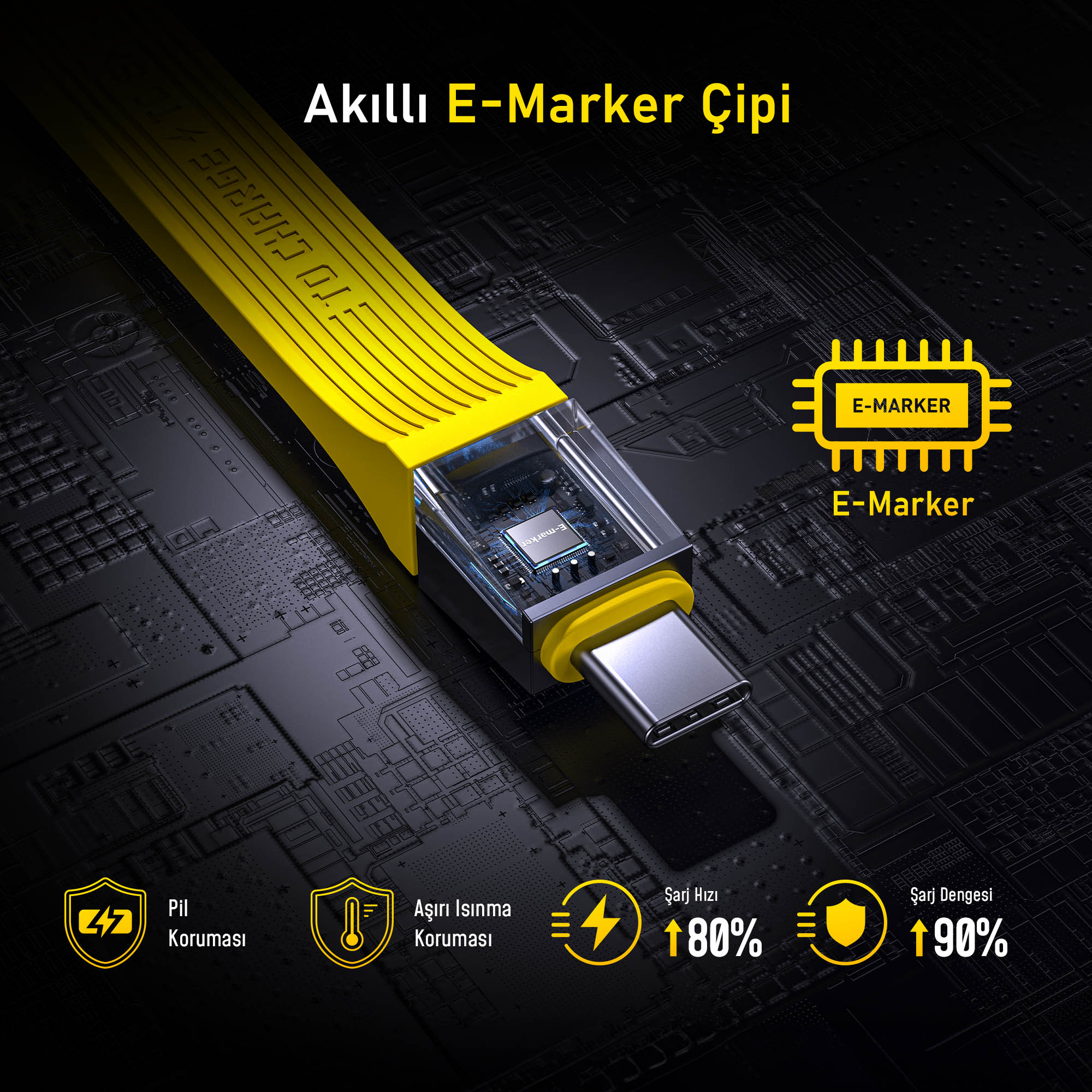 USB-C konektörlü sarı bir E-marker çipi. Metin 'E-Marker' ve şarj verilerini içerir.